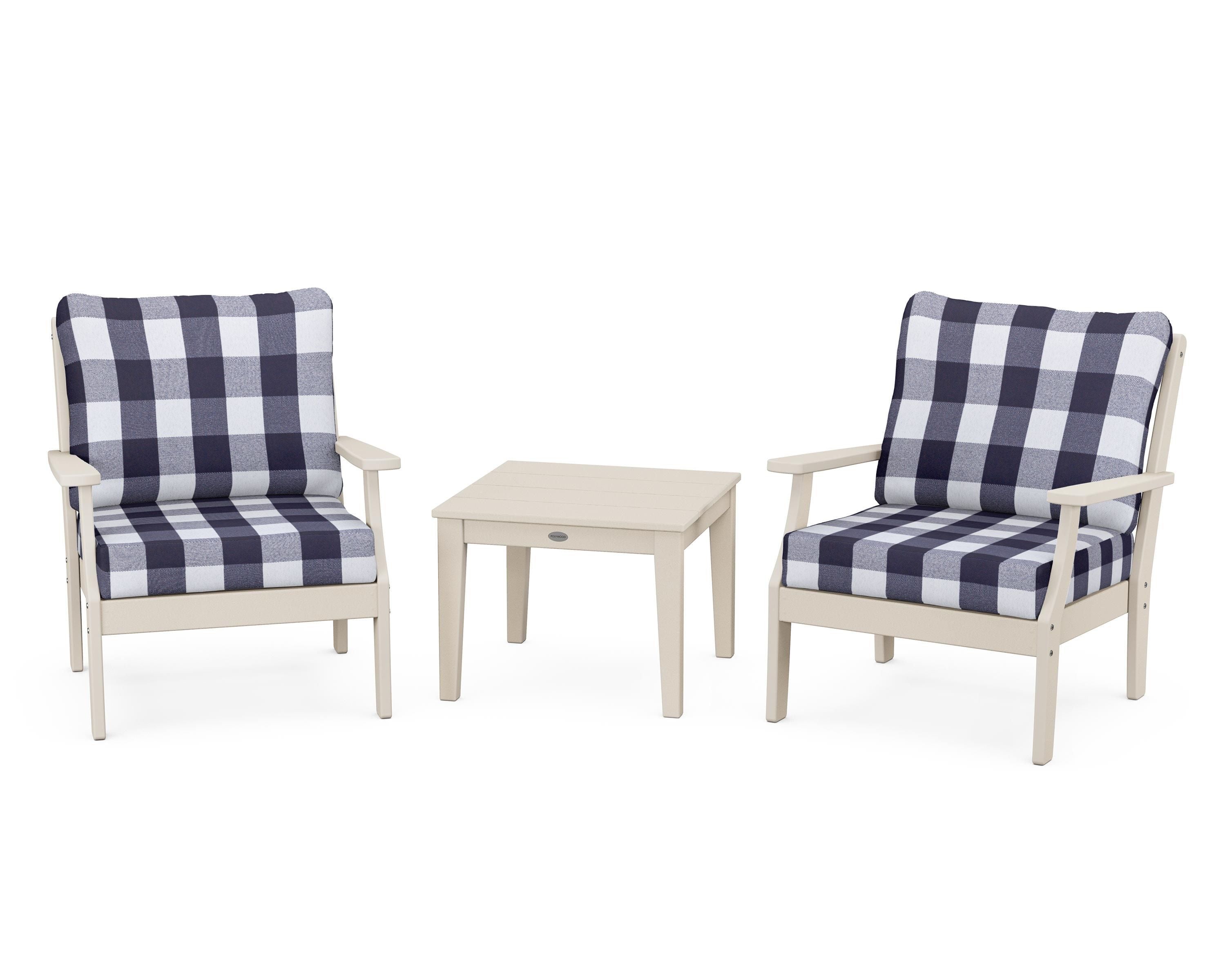POLYWOOD® Braxton 3-Piece Deep Seating Set in Sand / Buffalo Plaid Navy