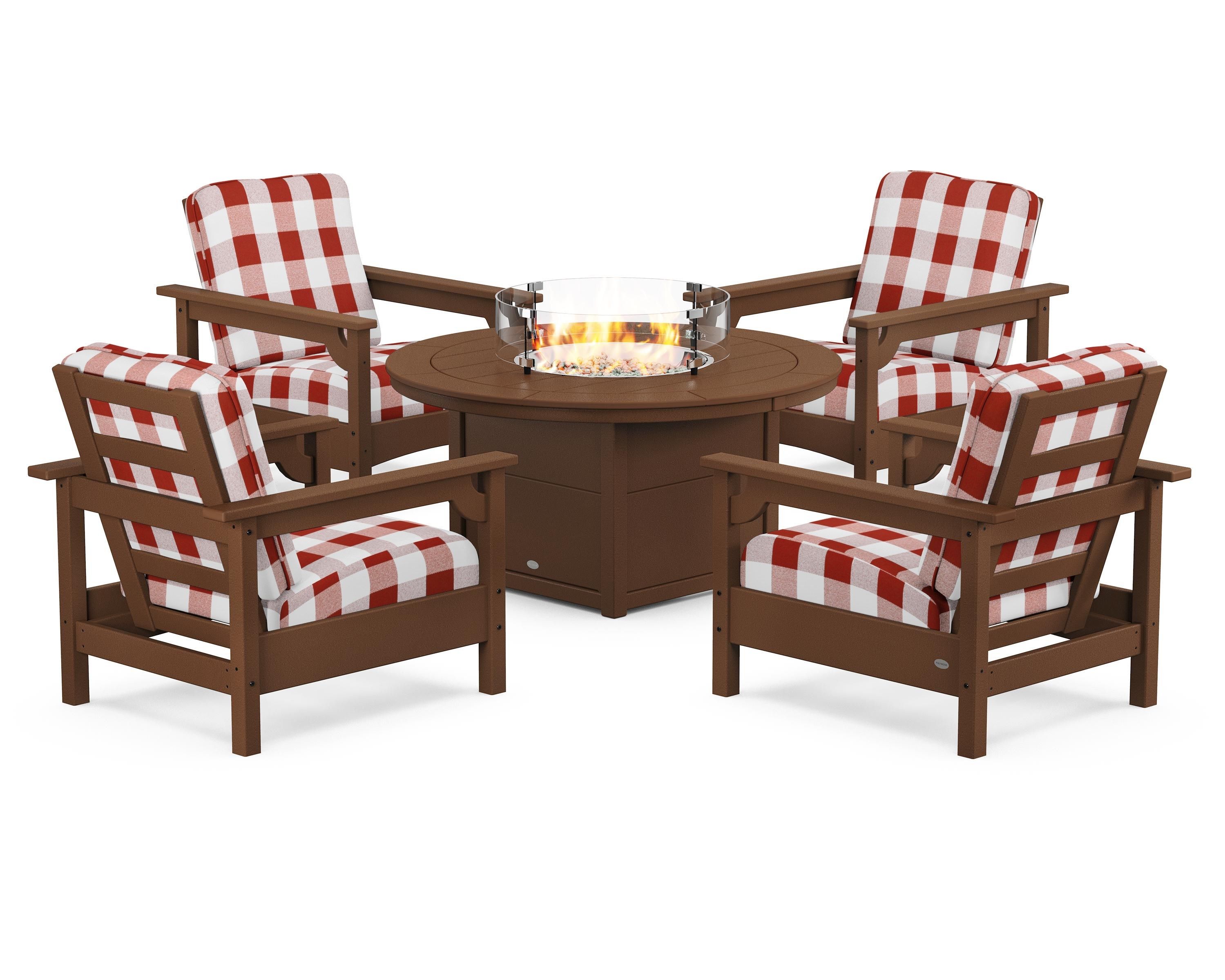 POLYWOOD® Club 5-Piece Conversation Set with Fire Pit Table in Teak / Buffalo Plaid Crimson