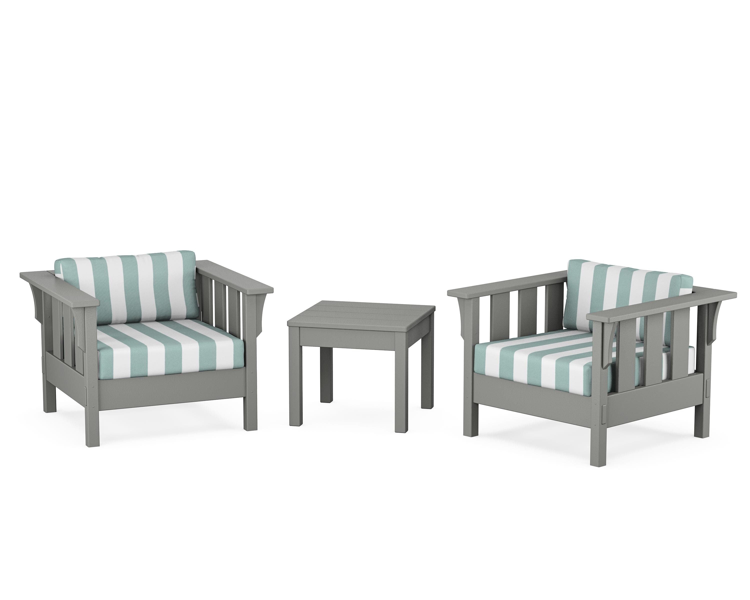 Martha Stewart by POLYWOOD® Acadia 3-Piece Deep Seating Set in Slate Grey / Cabana Stripe Glacier Spa