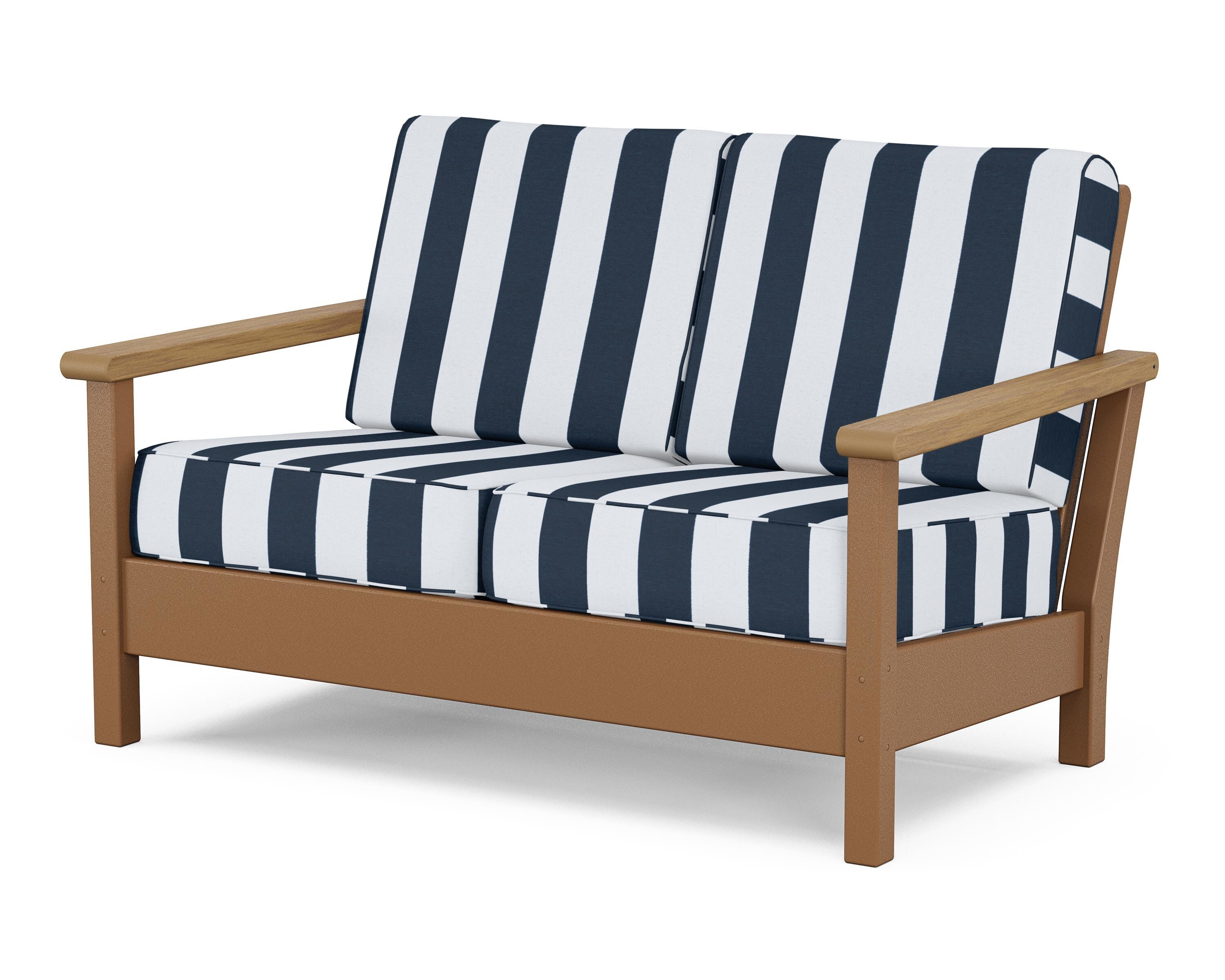 POLYWOOD® Harbour Deep Seating Loveseat in Teak / Natural / Cabana Stripe Marine Indigo