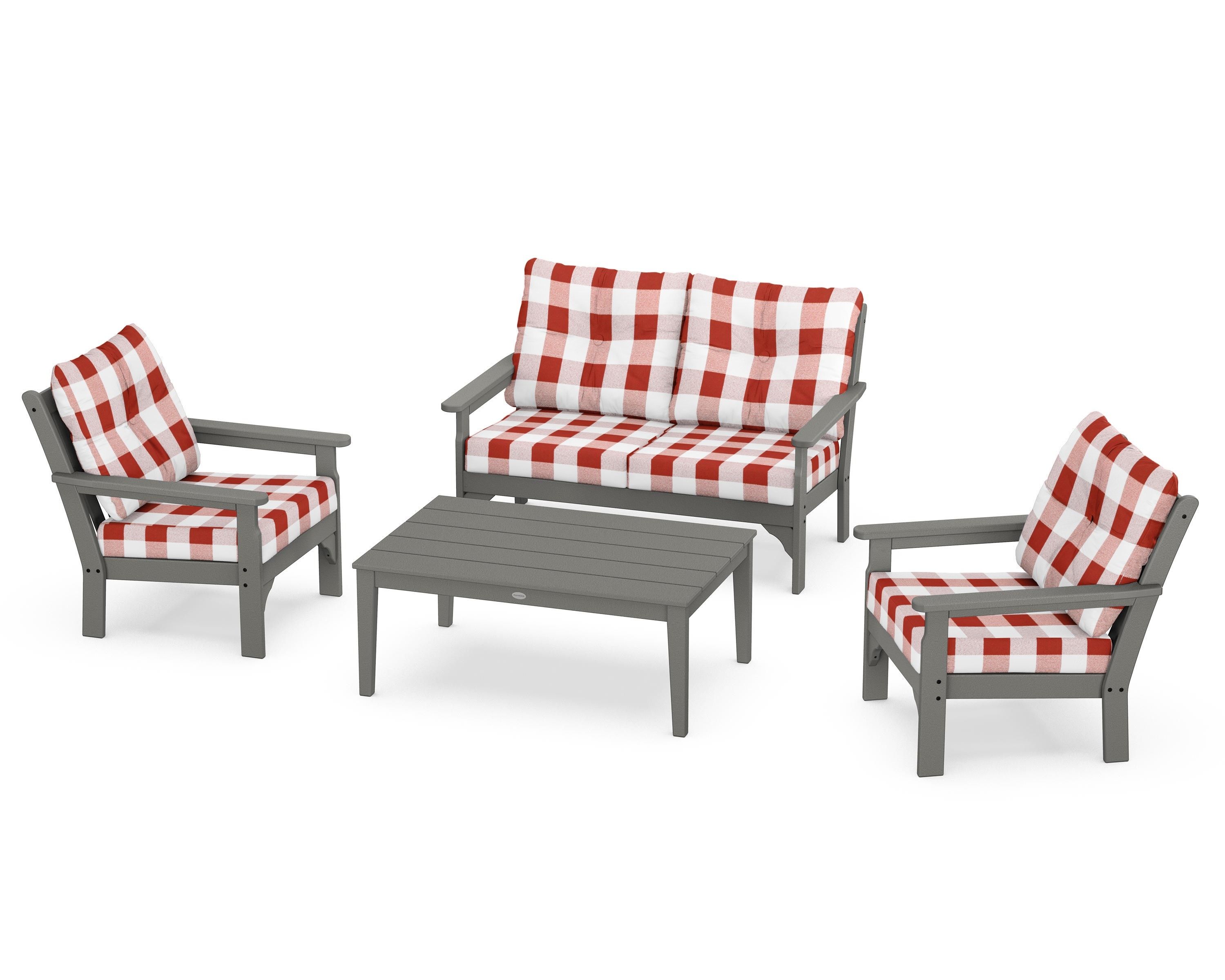 POLYWOOD® Vineyard 4-Piece Deep Seating Set in Slate Grey / Buffalo Plaid Crimson