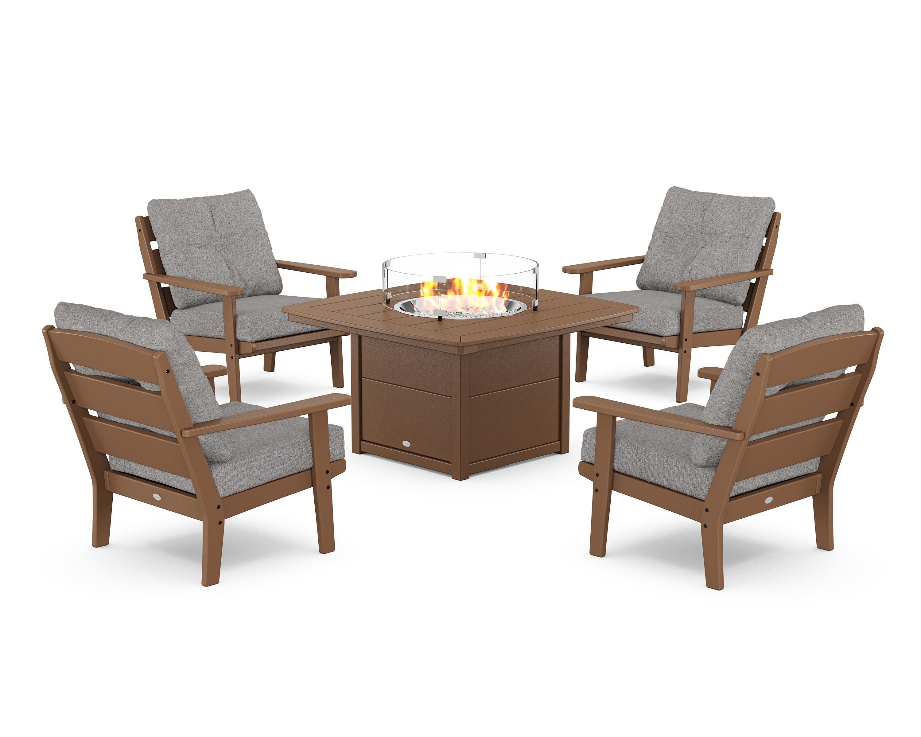 POLYWOOD® Lakeside 5-Piece Deep Seating Set with Nautical Fire Pit Table in Teak / Grey Mist