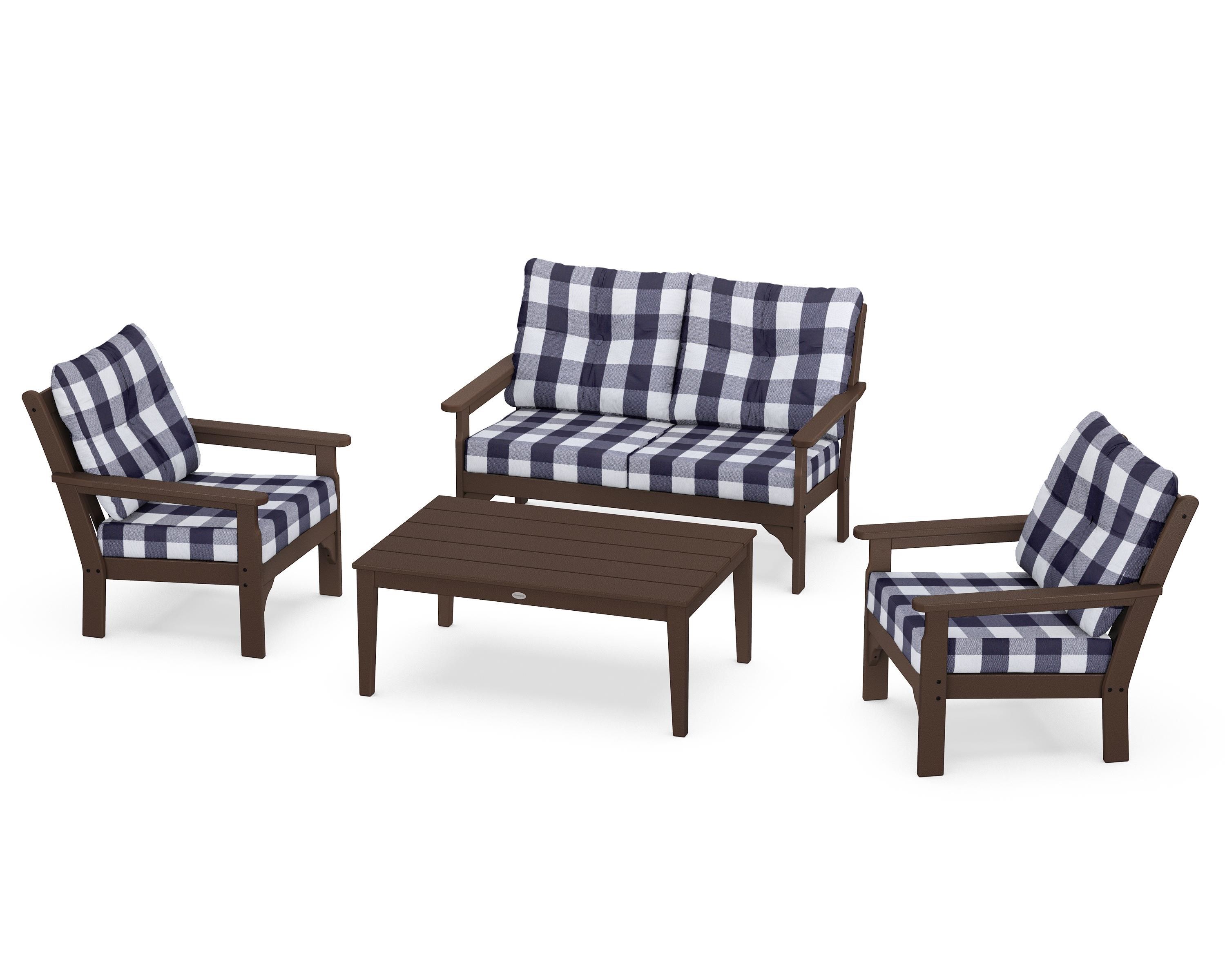 POLYWOOD® Vineyard 4-Piece Deep Seating Set in Mahogany / Buffalo Plaid Navy