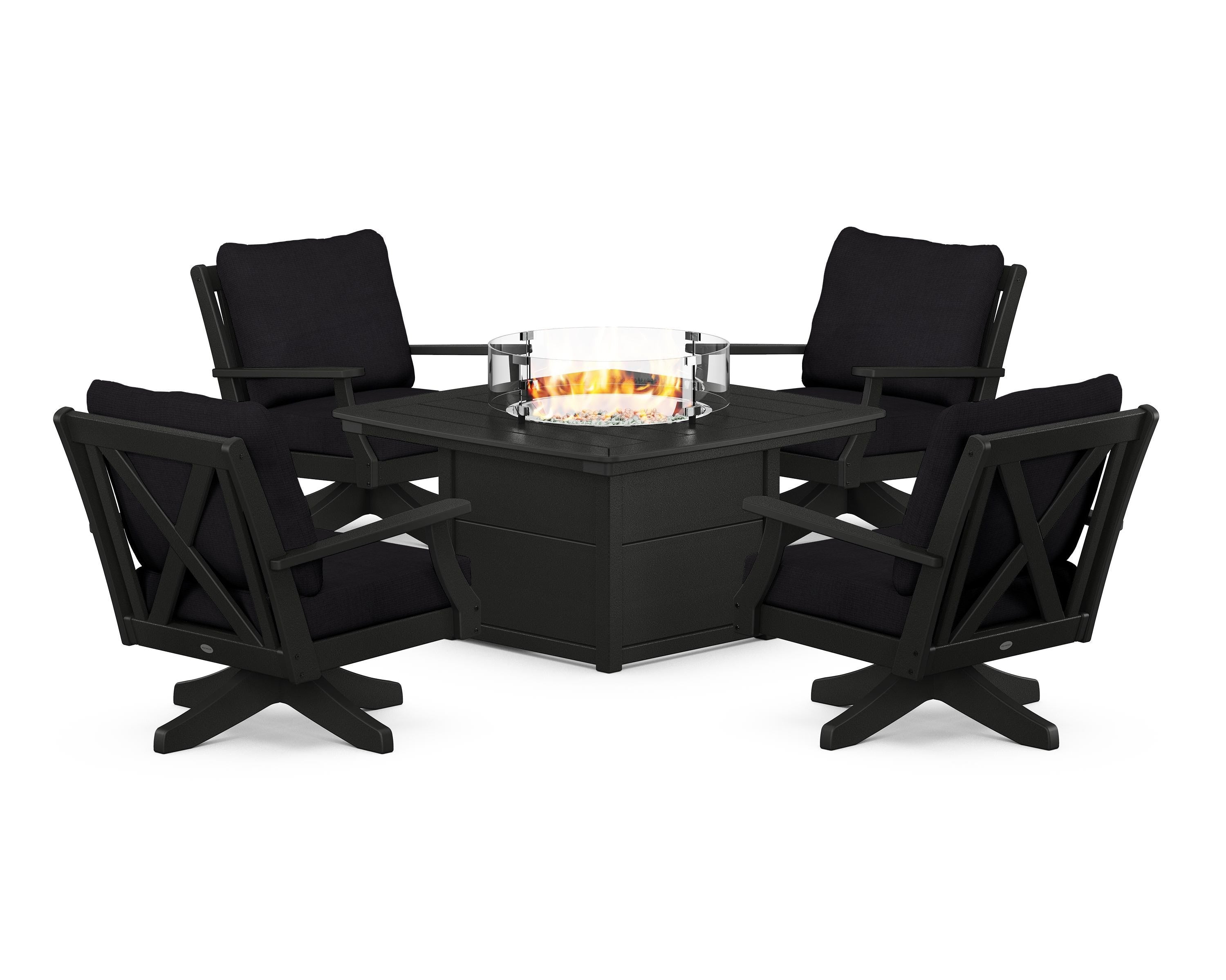 POLYWOOD® Braxton 5-Piece Deep Seating Swivel Conversation Set with Fire Pit Table in Black / Midnight Linen