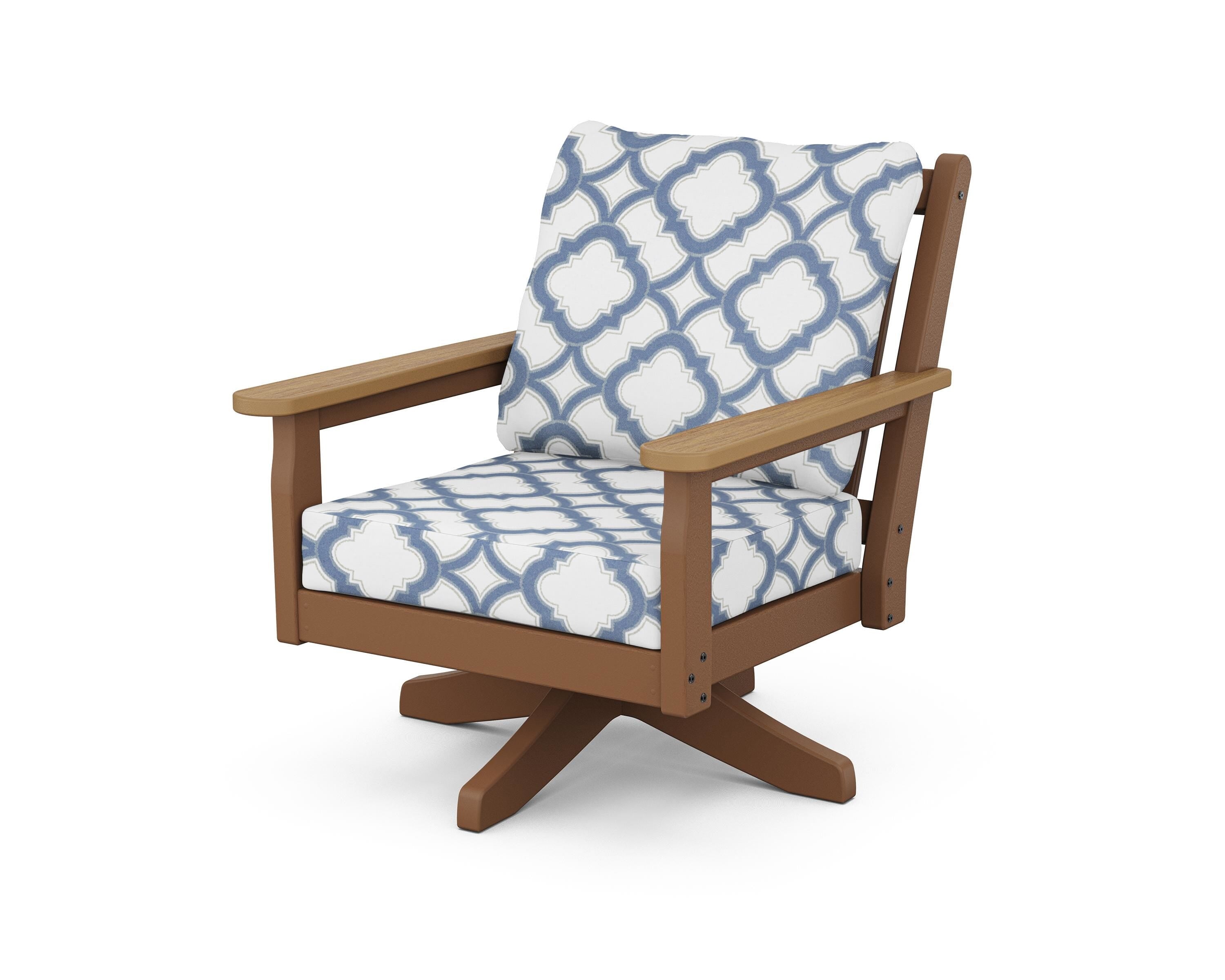 POLYWOOD® Chippendale Deep Seating Swivel Chair in Teak / Natural / Trellis Sky Blue