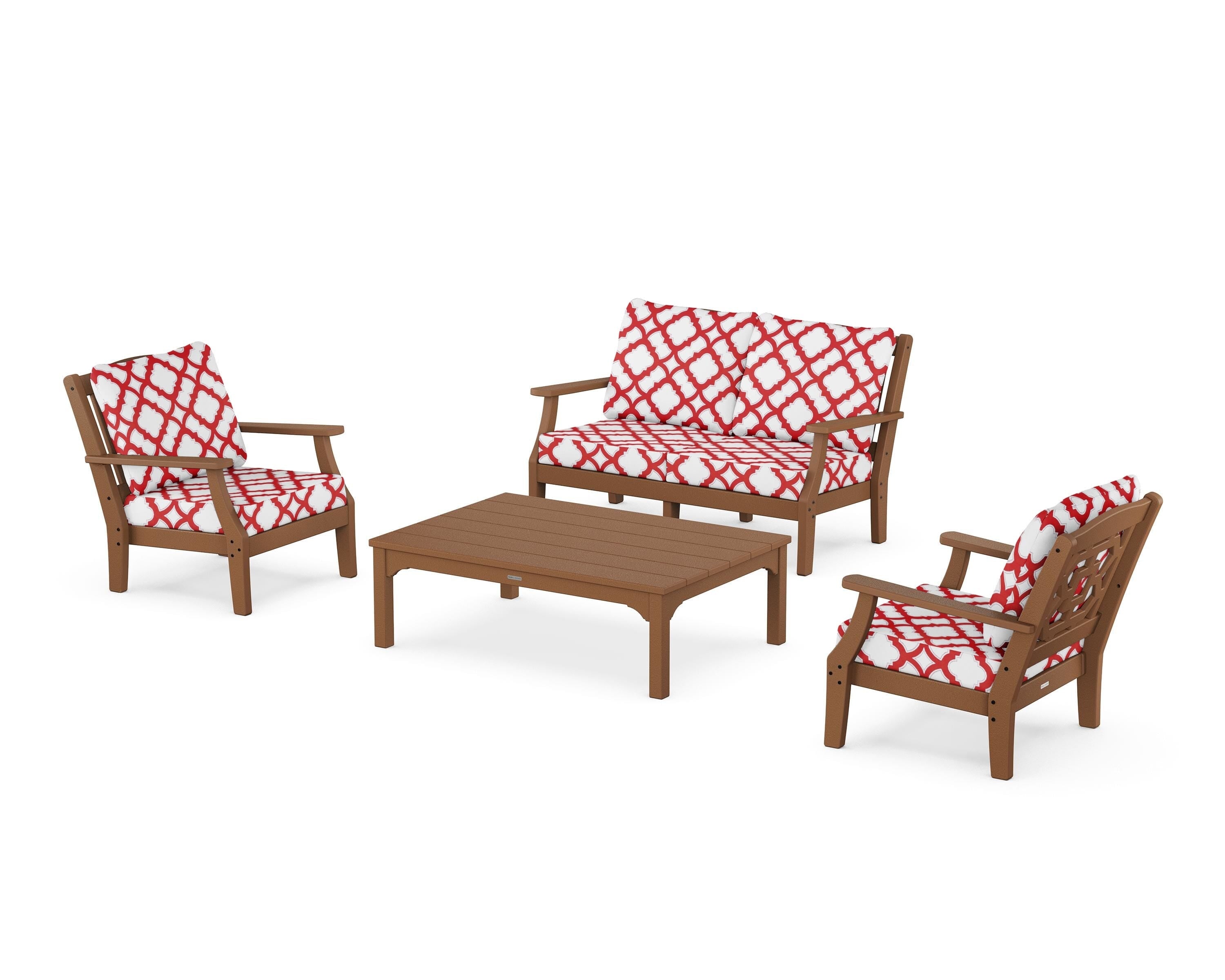 Martha Stewart by POLYWOOD® Chinoiserie 4-Piece Deep Seating Set with Loveseat in Teak / Trellis Crimson