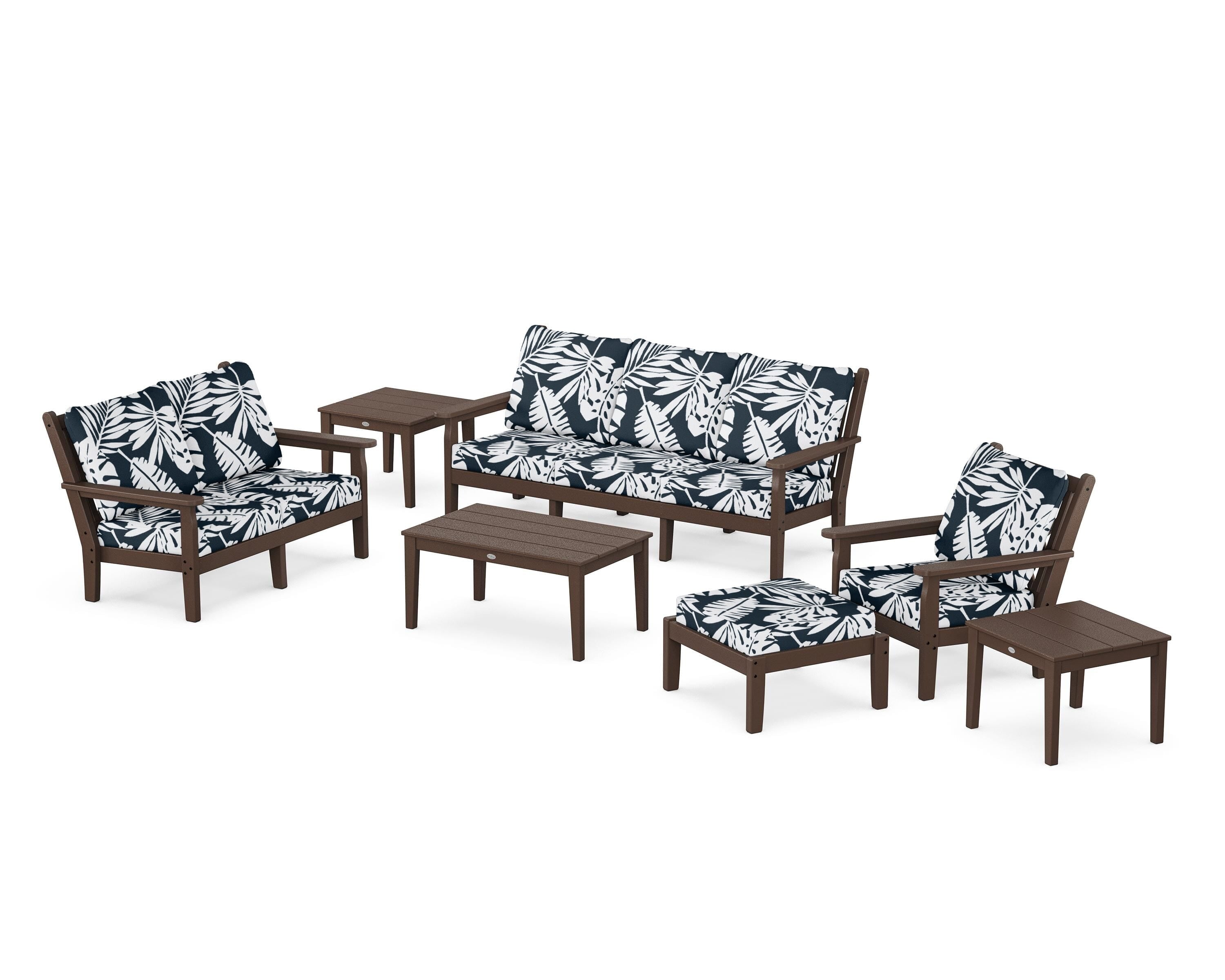 POLYWOOD® Chippendale 7-Piece Deep Seating Set in Mahogany / Leaf Marine Indigo