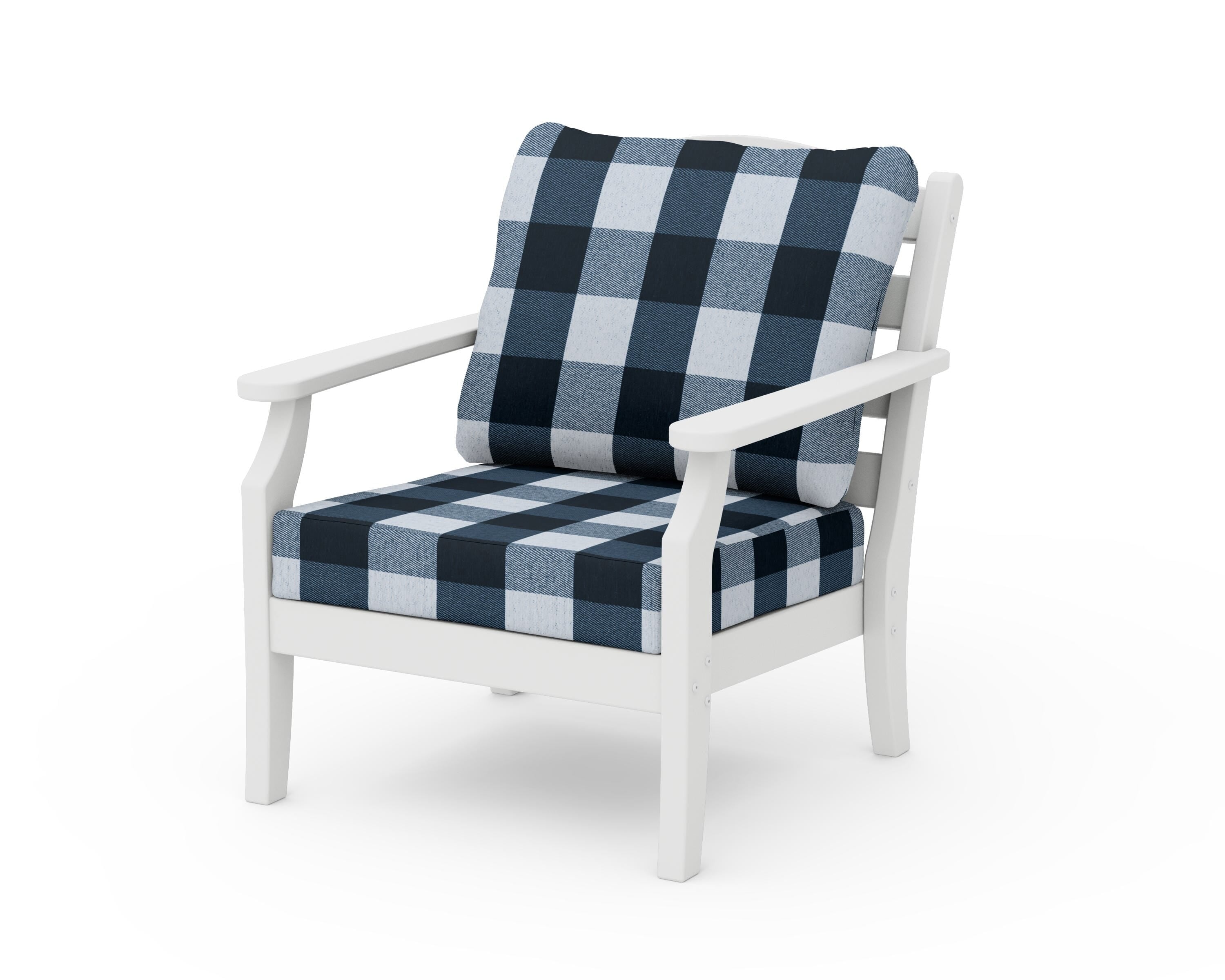 Draper James™ by POLYWOOD® Savannah Deep Seating Chair in White / Buffalo Plaid Marine Indigo