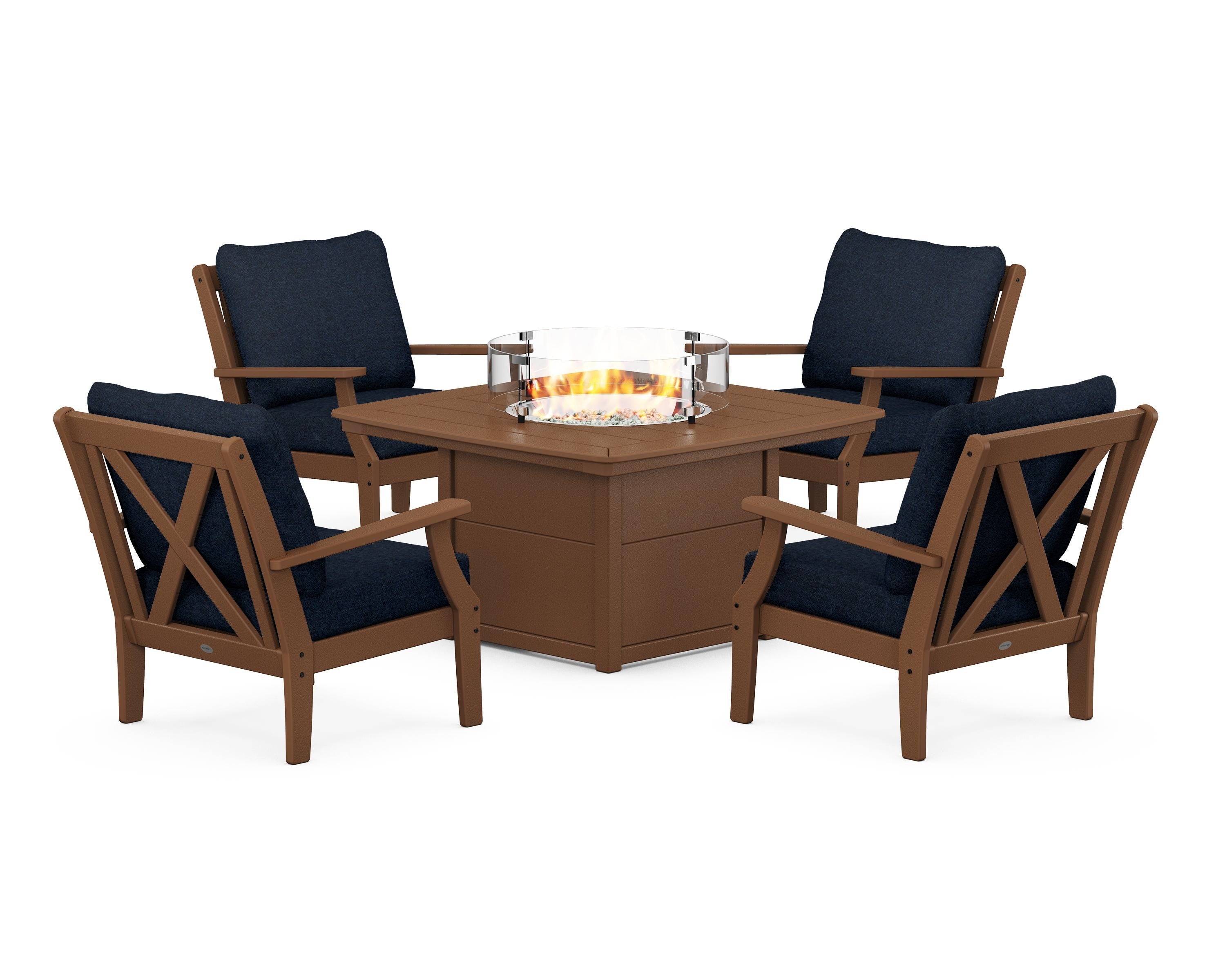 POLYWOOD® Braxton 5-Piece Deep Seating Conversation Set with Fire Pit Table in Teak / Marine Indigo