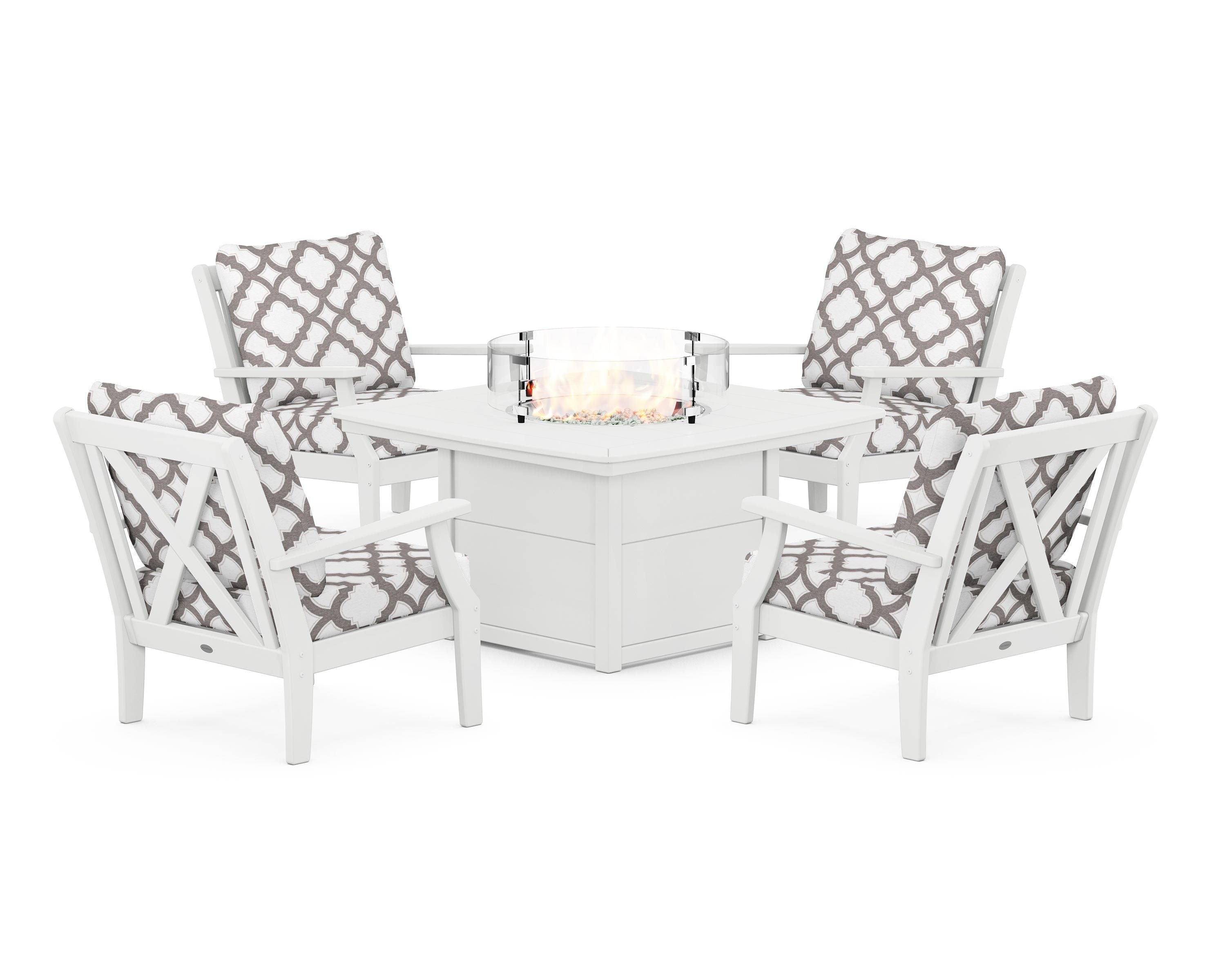 POLYWOOD® Braxton 5-Piece Deep Seating Conversation Set with Fire Pit Table in White / Trellis Grey Mist