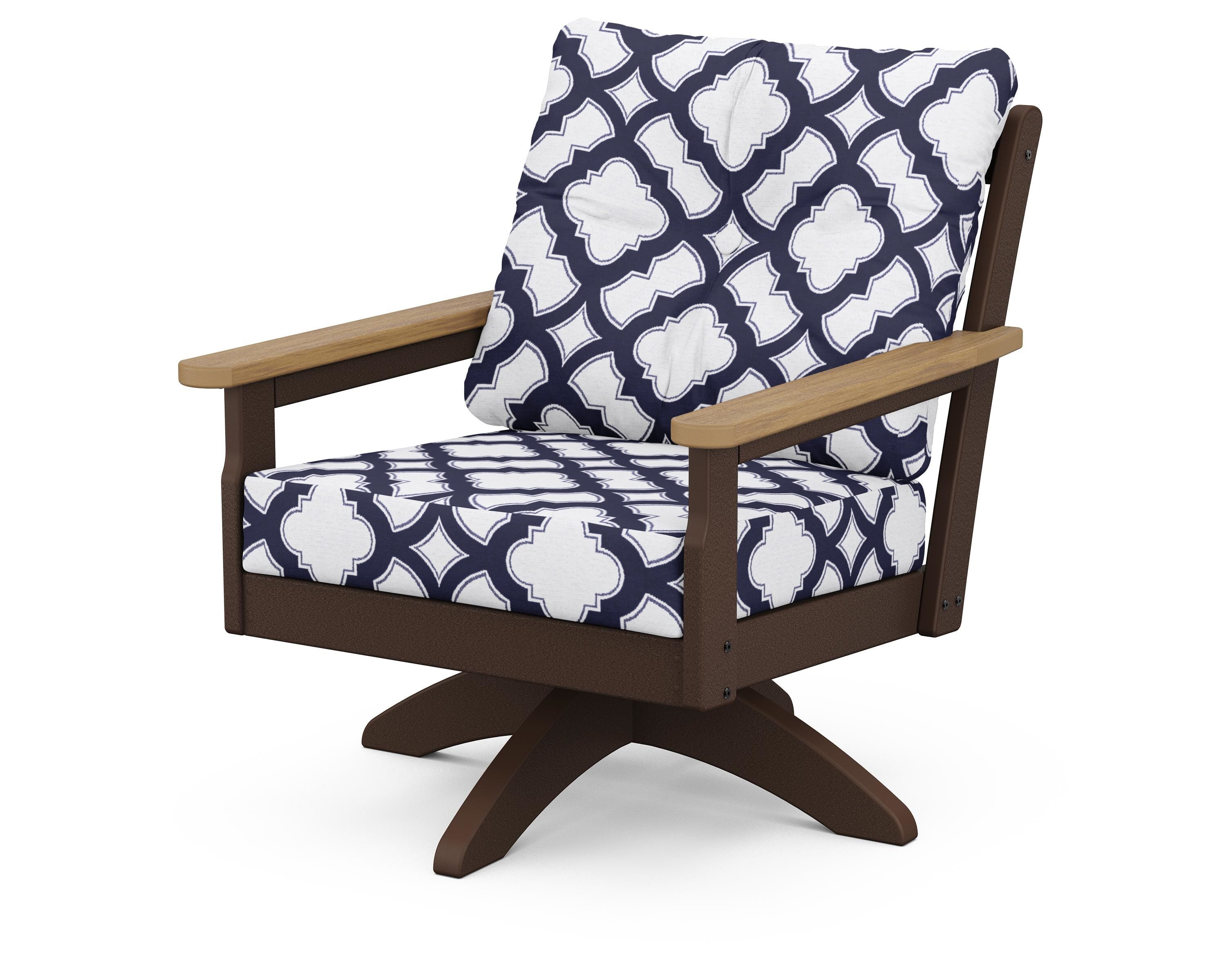 POLYWOOD® Vineyard Deep Seating Swivel Chair in Mahogany / Natural / Trellis Navy