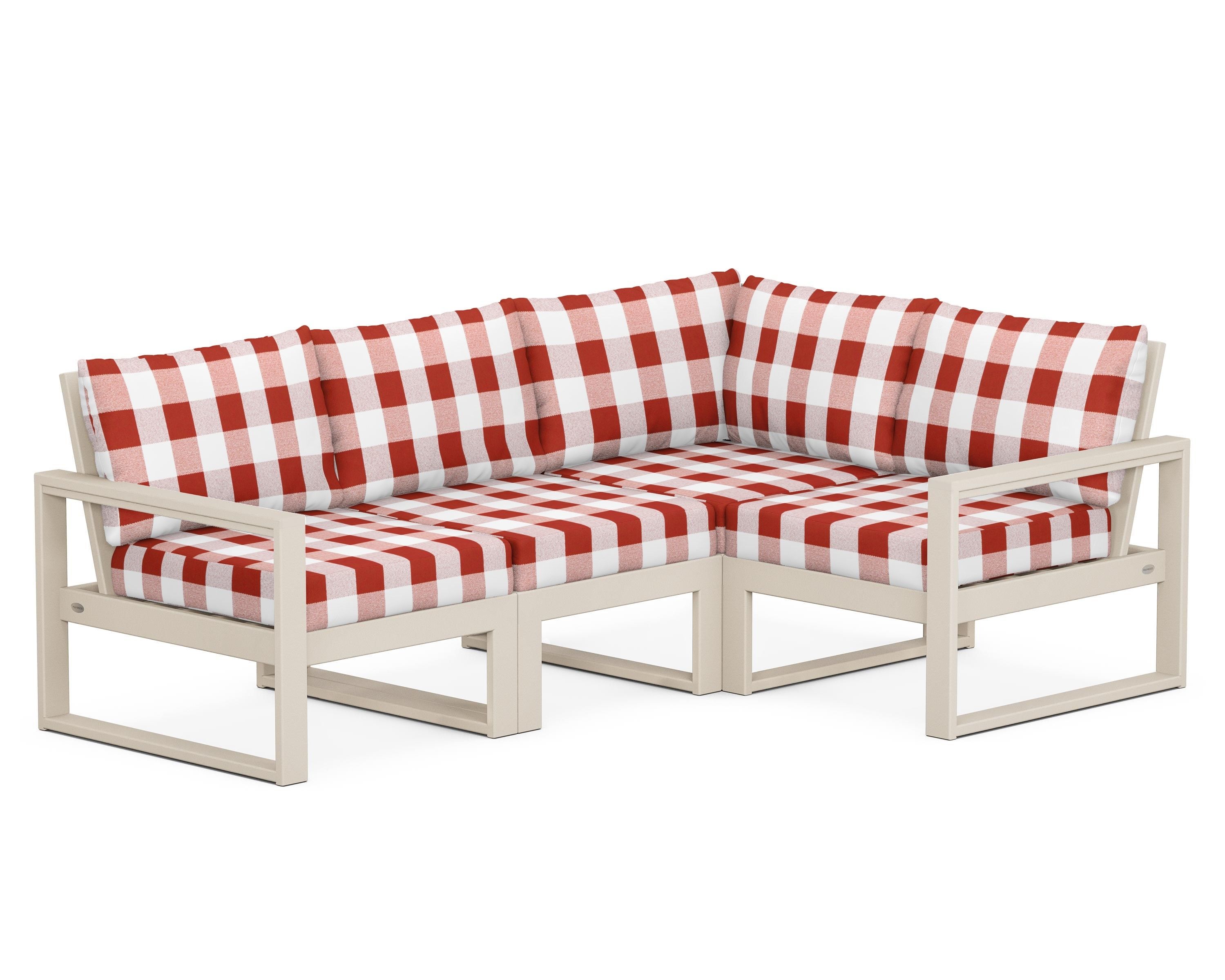 POLYWOOD® EDGE 4-Piece Modular Deep Seating Set in Sand / Buffalo Plaid Crimson