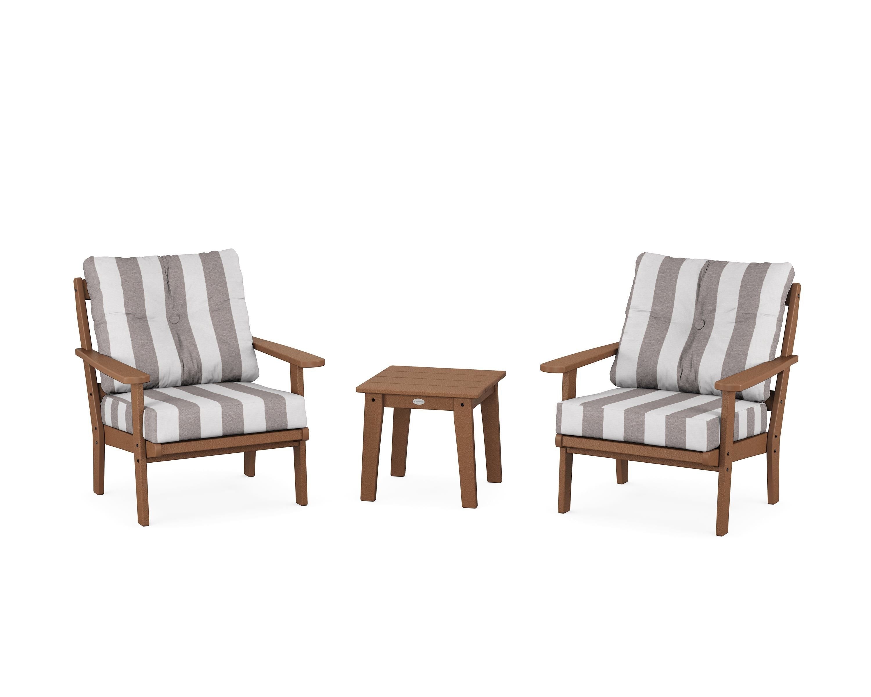 POLYWOOD® Mission 3-Piece Deep Seating Set in Teak / Cabana Stripe Grey Mist