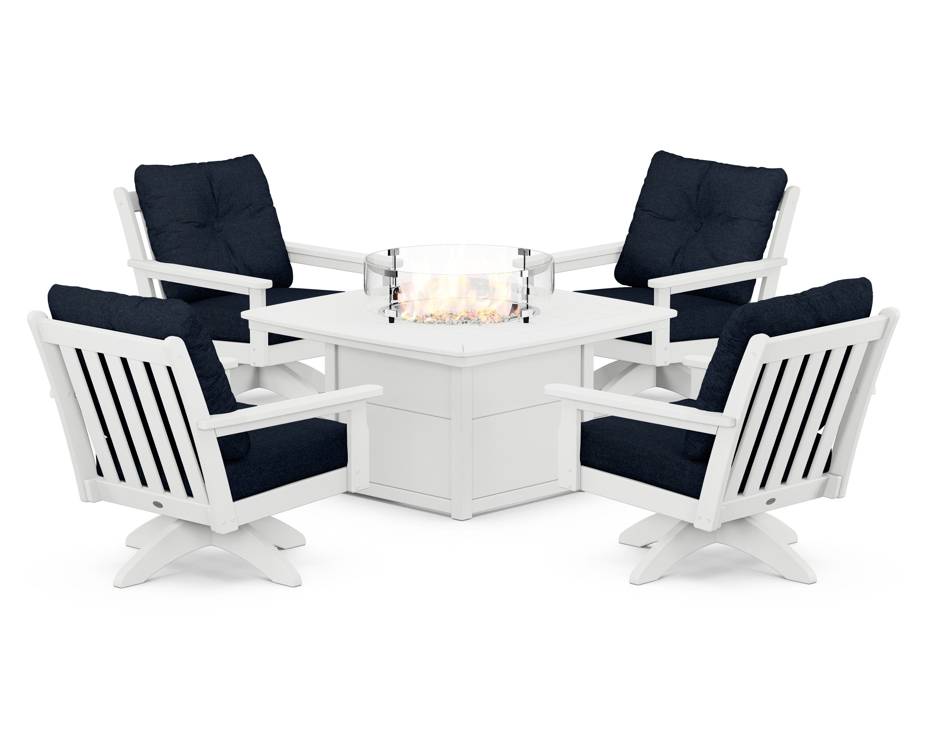 POLYWOOD® Vineyard 5-Piece Deep Seating Swivel Conversation Set with Fire Pit Table in White / Marine Indigo