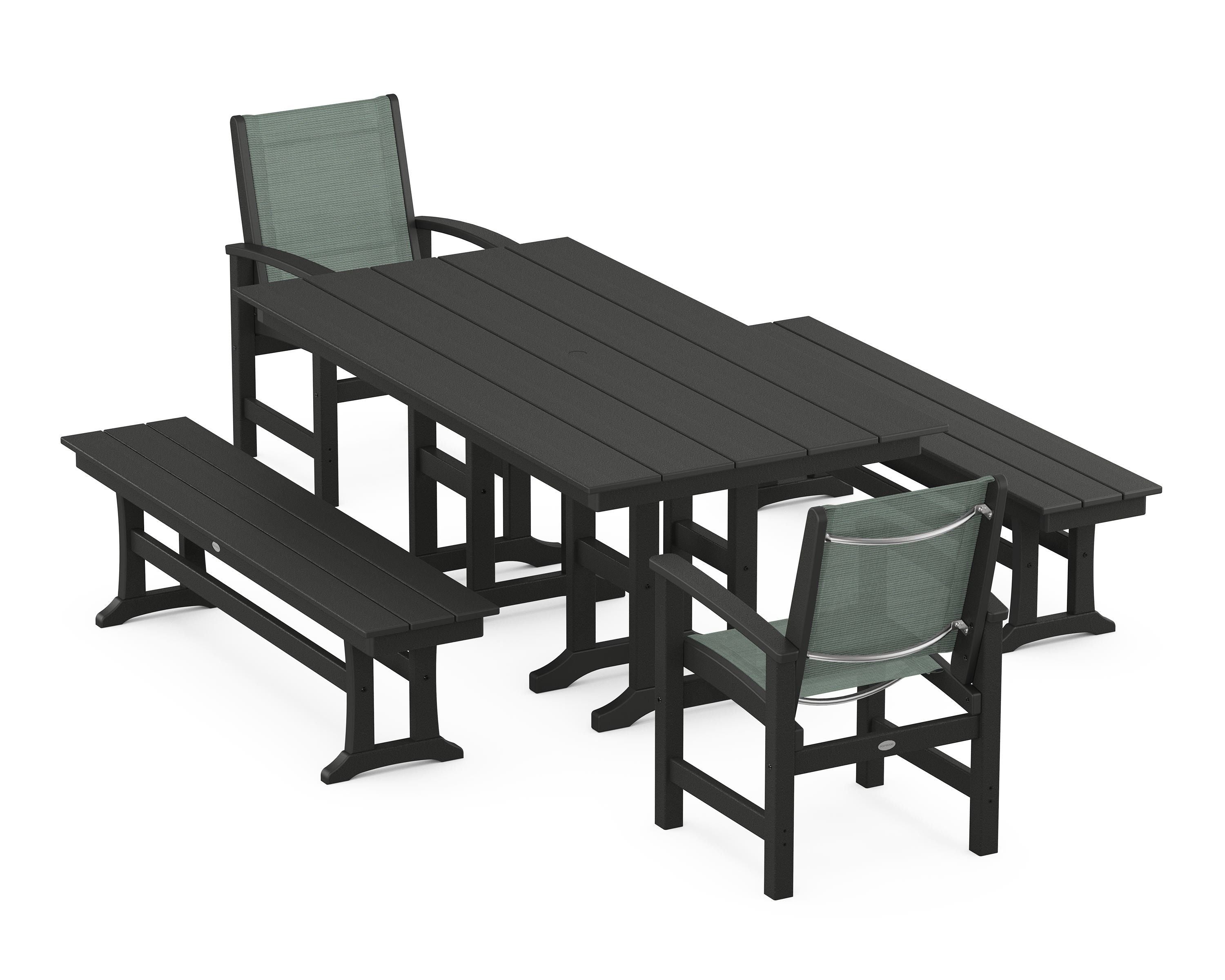 POLYWOOD® Coastal 5-Piece Farmhouse Dining Set in Black / Dupioni Sea Mist Sling