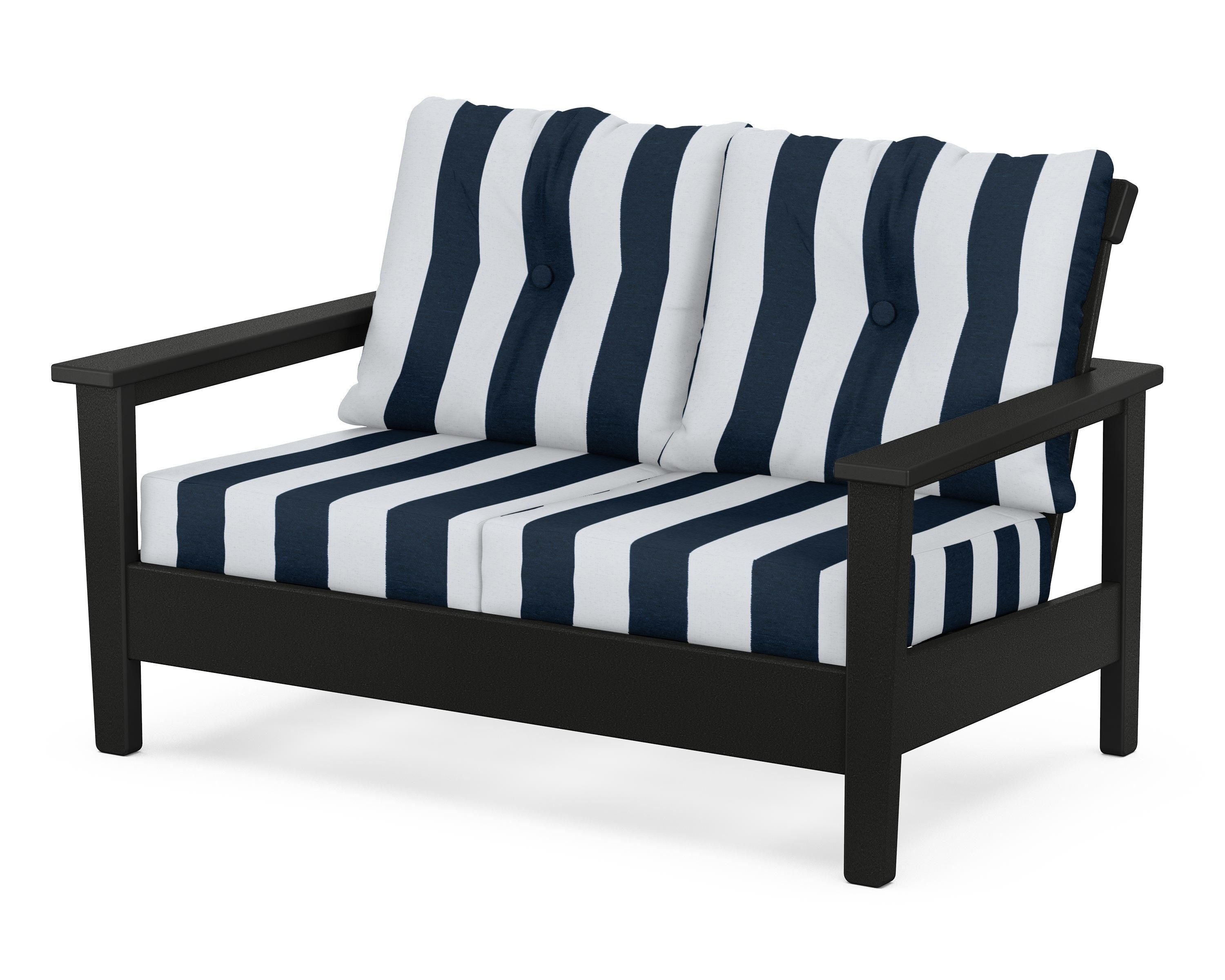 POLYWOOD® Prescott Deep Seating Loveseat in Black / Cabana Stripe Marine Indigo