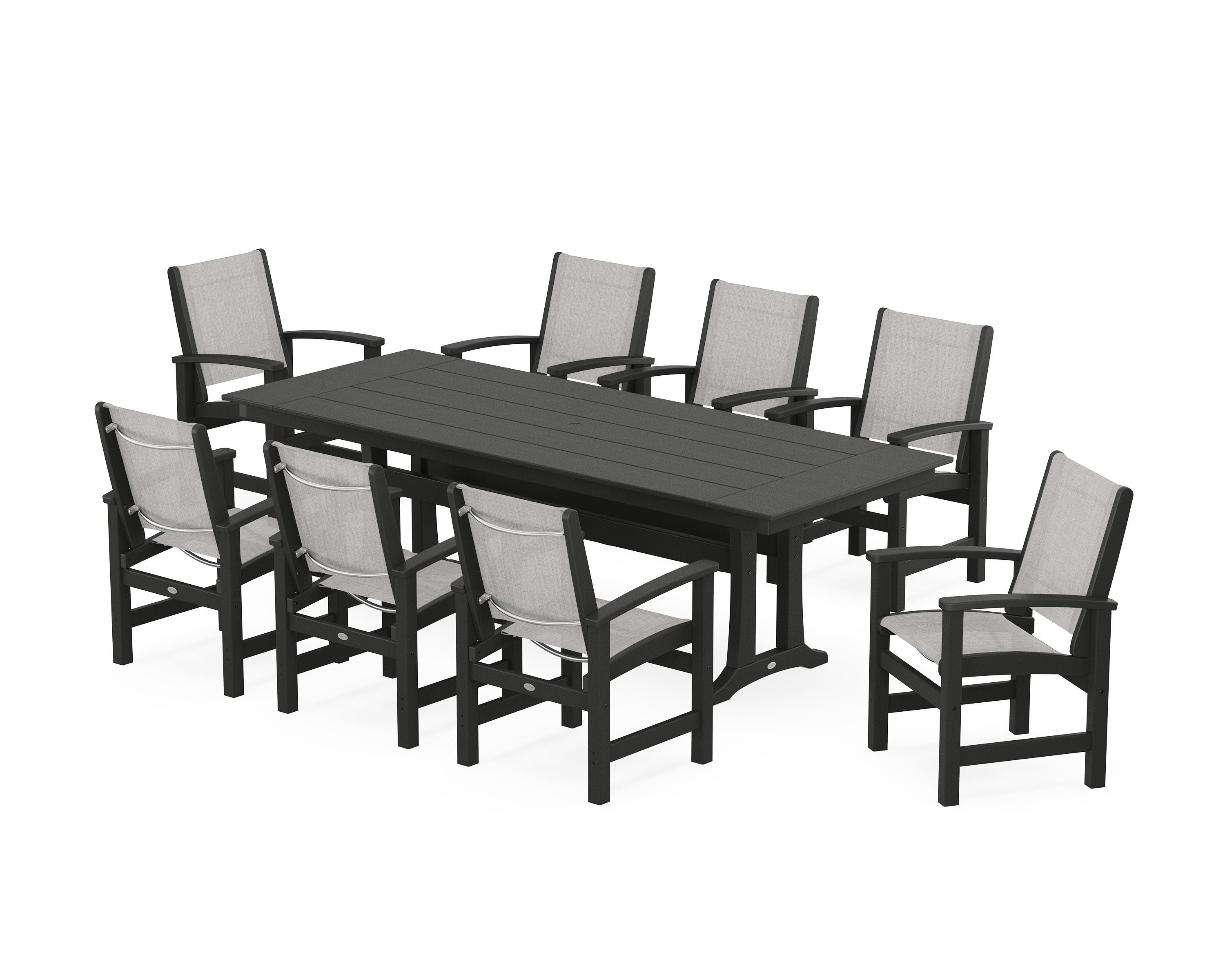 POLYWOOD® Coastal 9-Piece Farmhouse Dining Set with Trestle Legs in Black / Parchment Sling