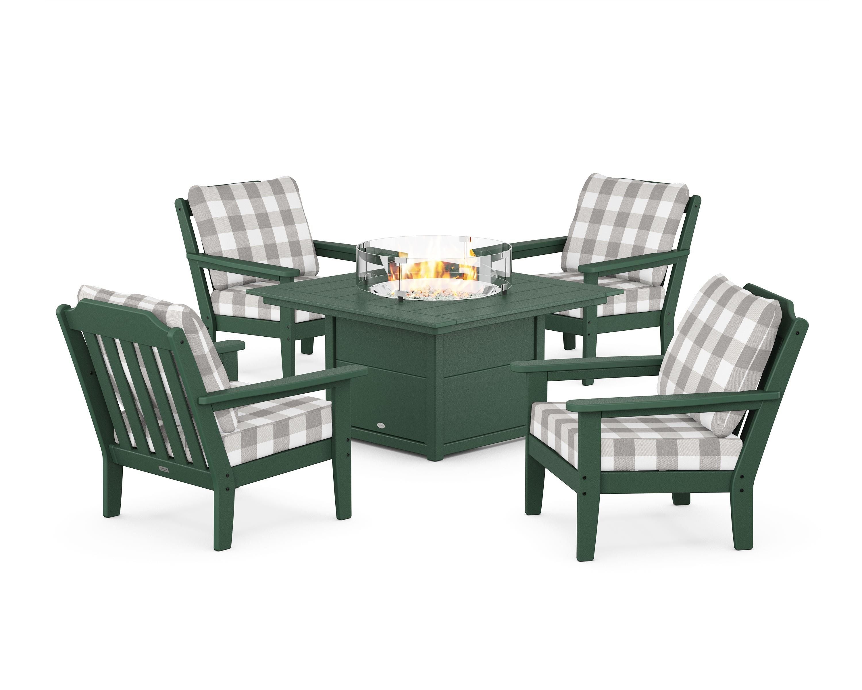 Country Living Cottage 5-Piece Deep Seating Set with Fire Pit Table in Green / Buffalo Plaid Grey Mist