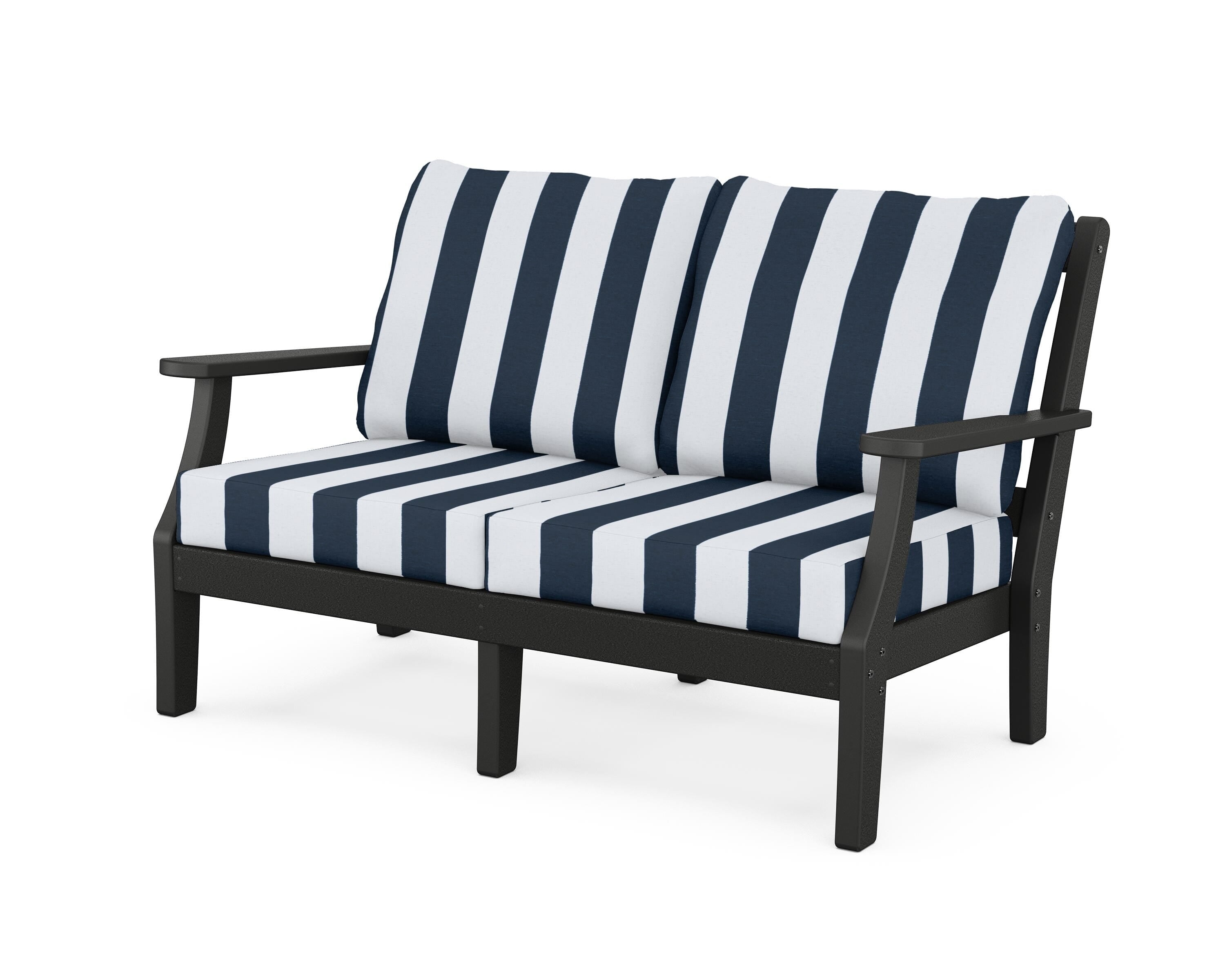 Martha Stewart by POLYWOOD® Chinoiserie Deep Seating Loveseat in Black / Cabana Stripe Marine Indigo