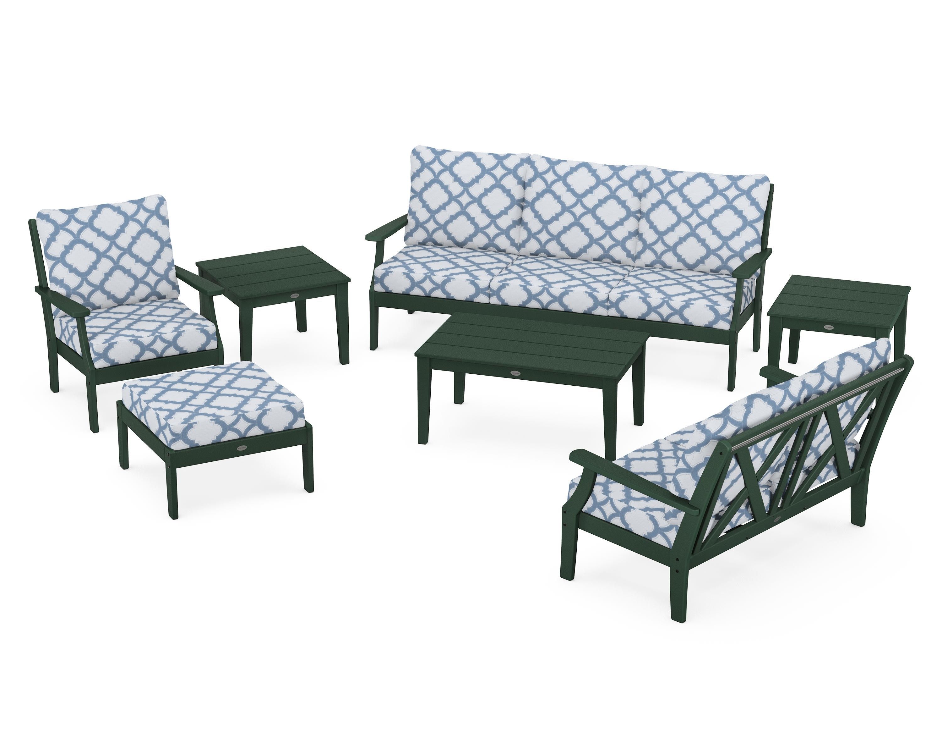 POLYWOOD® Braxton 7-Piece Deep Seating Set in Green / Trellis Sky Blue
