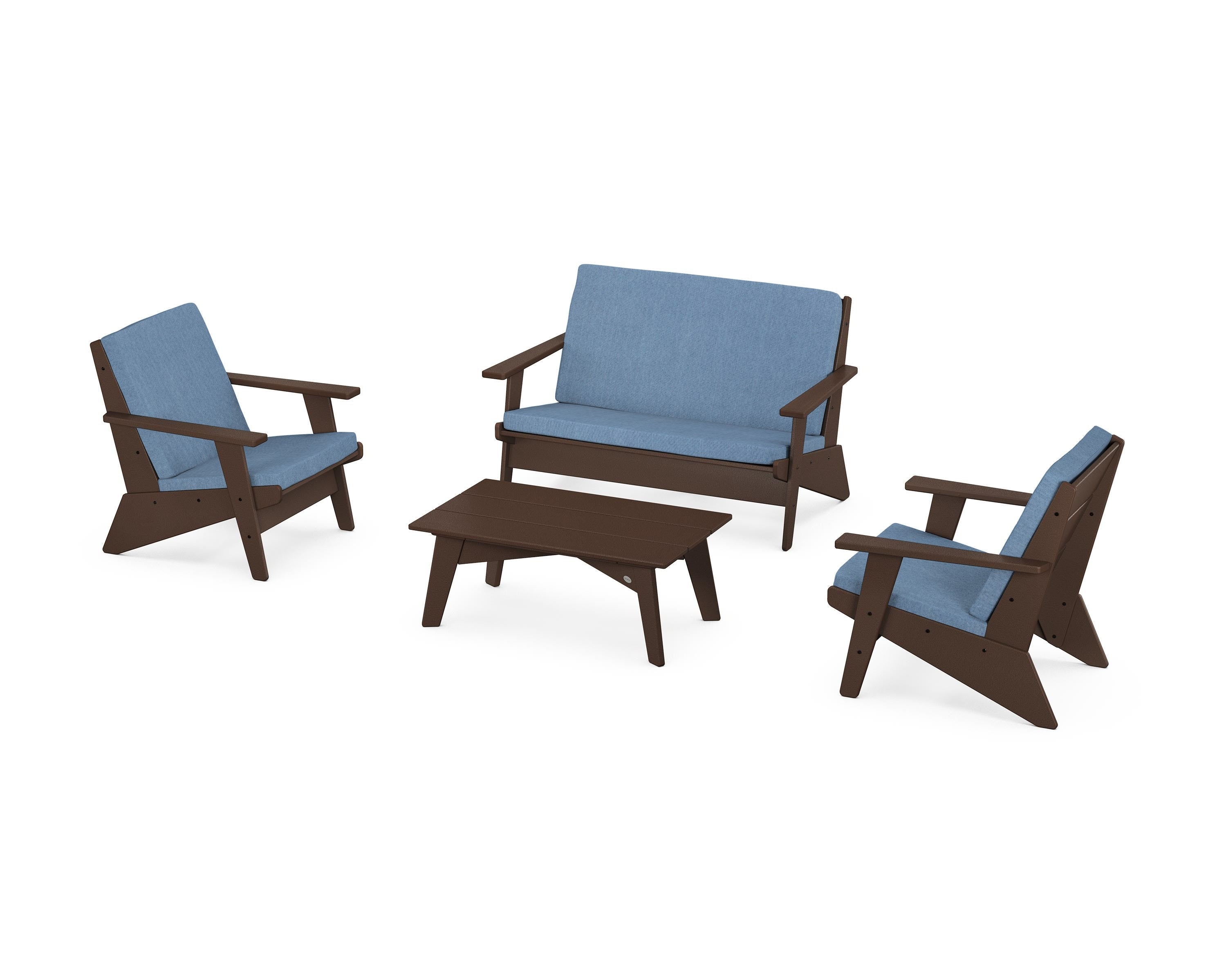 POLYWOOD® Riviera Modern Lounge 4-Piece Set in Mahogany / Sky Blue