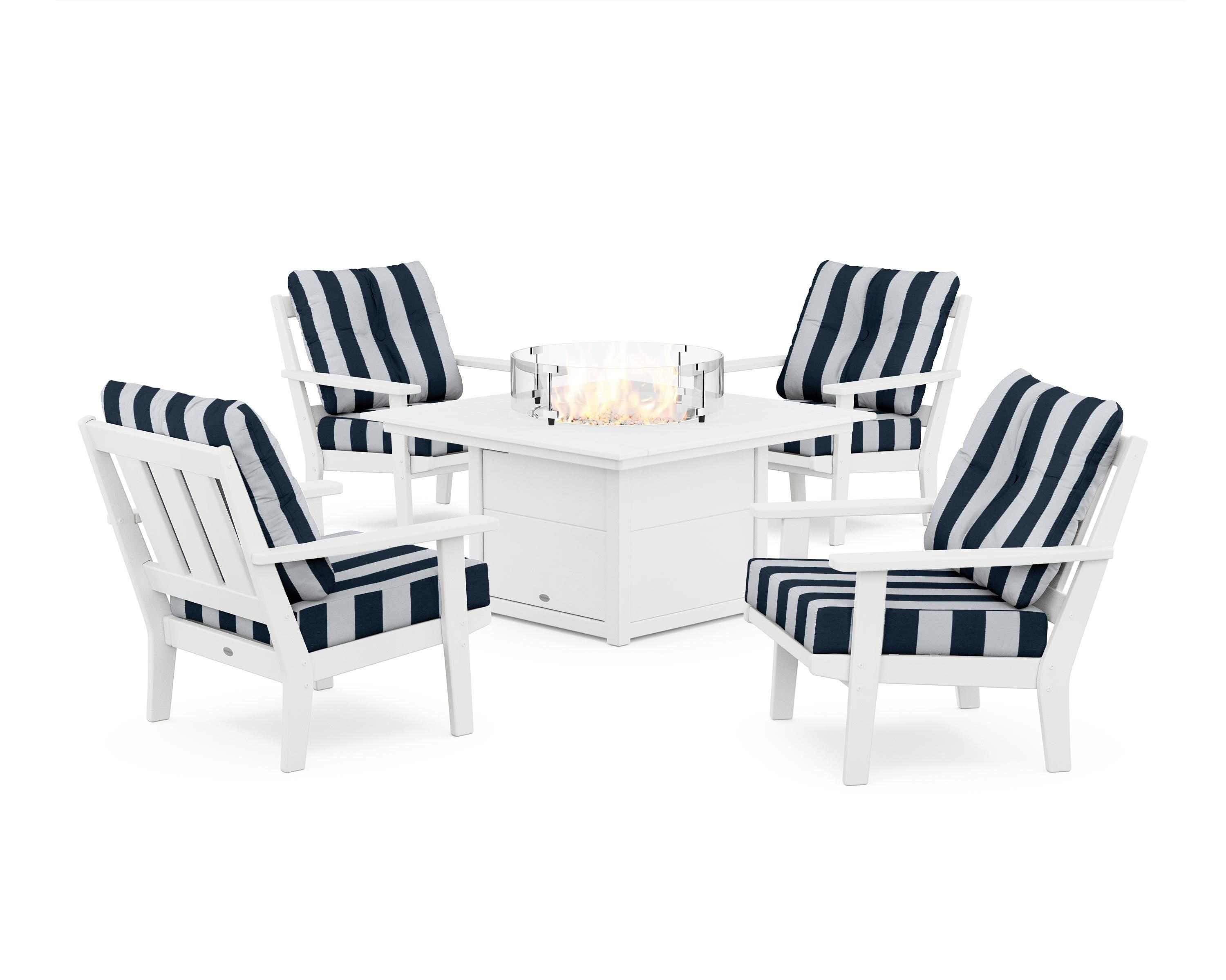 POLYWOOD® Oxford 5-Piece Deep Seating Set with Fire Pit Table in White / Cabana Stripe Marine Indigo