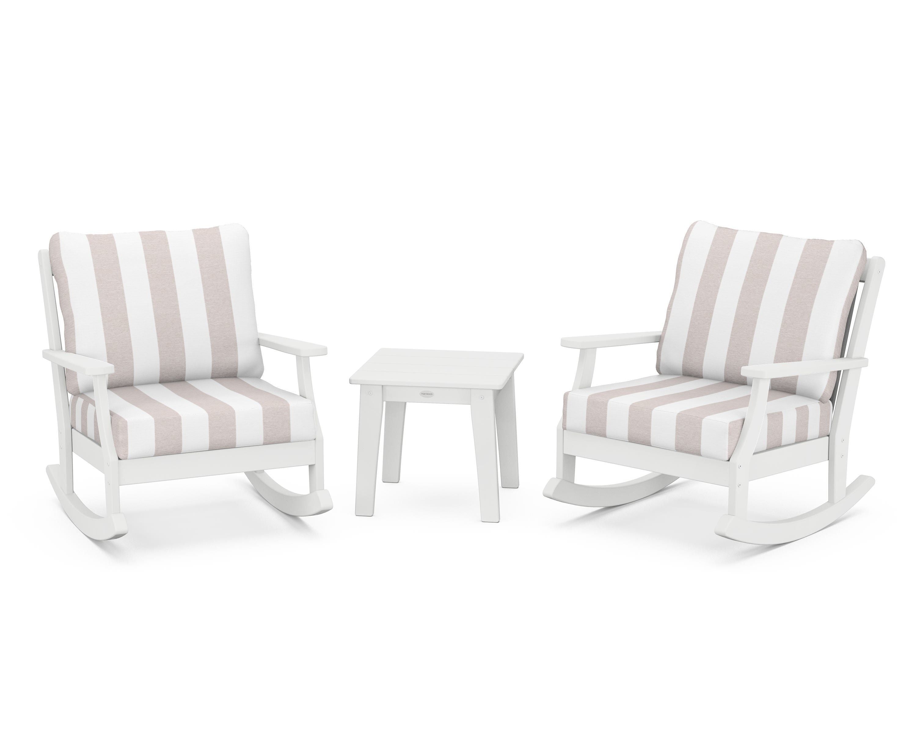POLYWOOD® Braxton 3-Piece Deep Seating Rocker Set in White / Cabana Stripe Dune Burlap