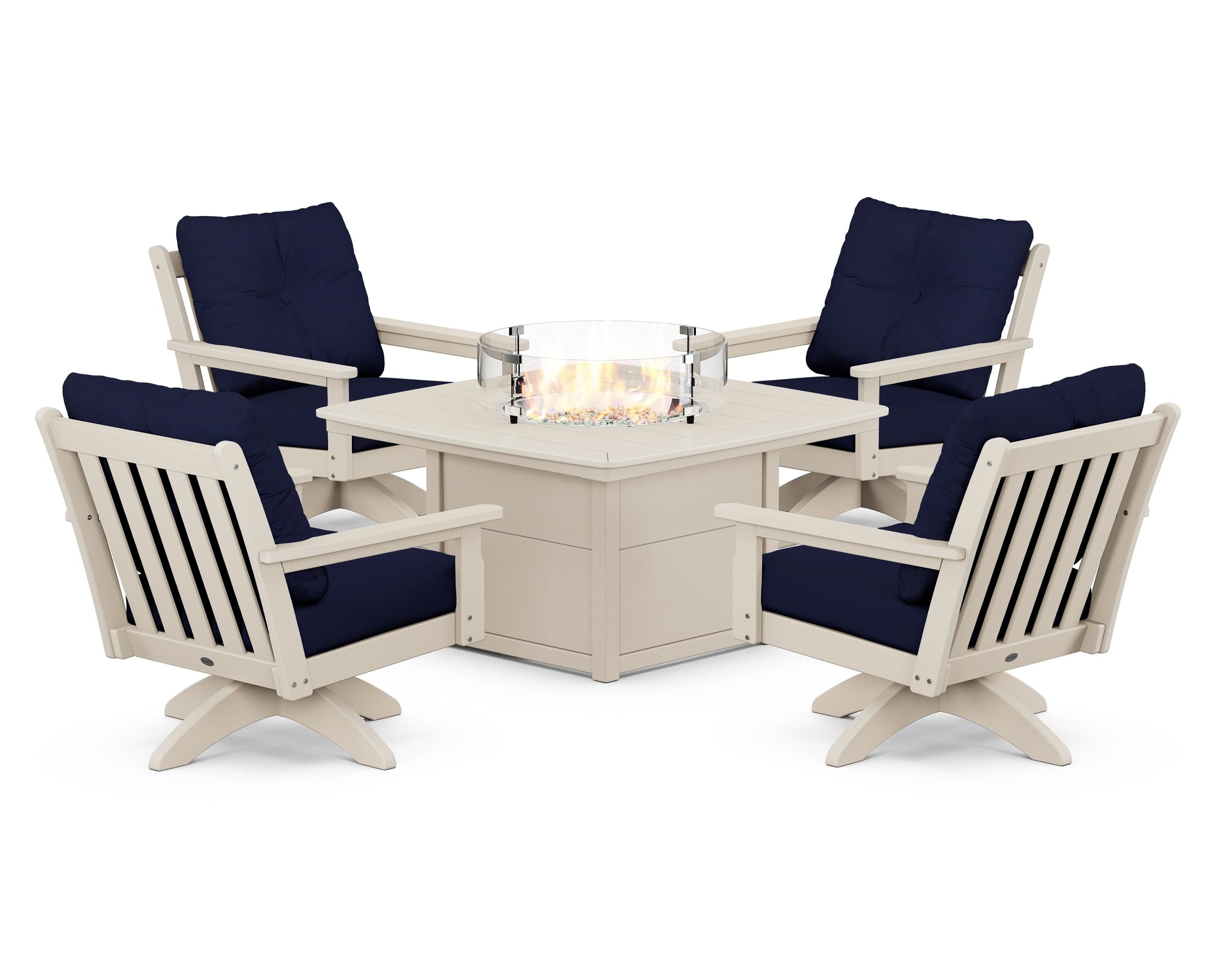 POLYWOOD® Vineyard 5-Piece Deep Seating Swivel Conversation Set with Fire Pit Table in Sand / Navy