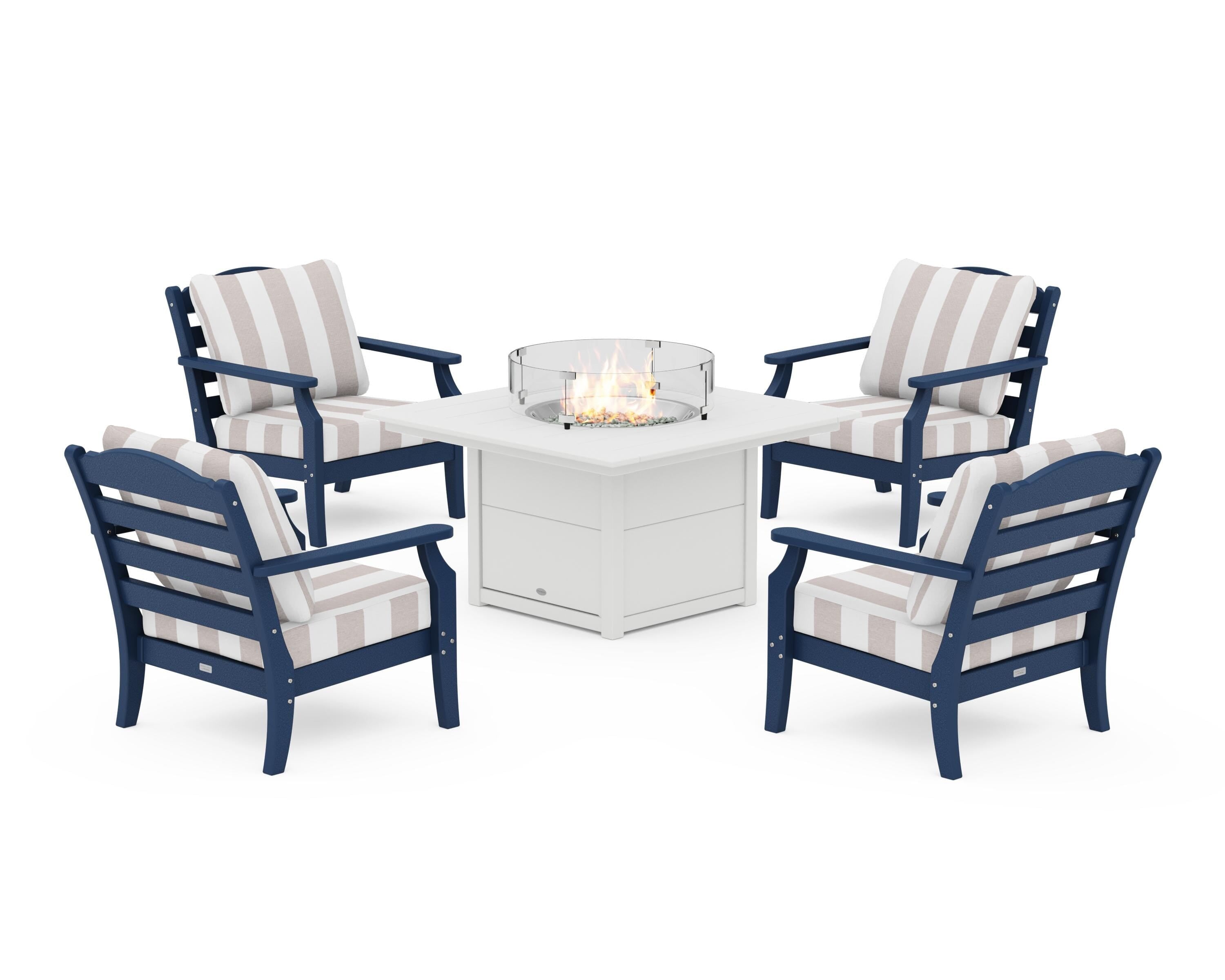 Draper James™ by POLYWOOD® Savannah 5-Piece Deep Seating Set with Fire Pit Table in Navy / Cabana Stripe Dune Burlap