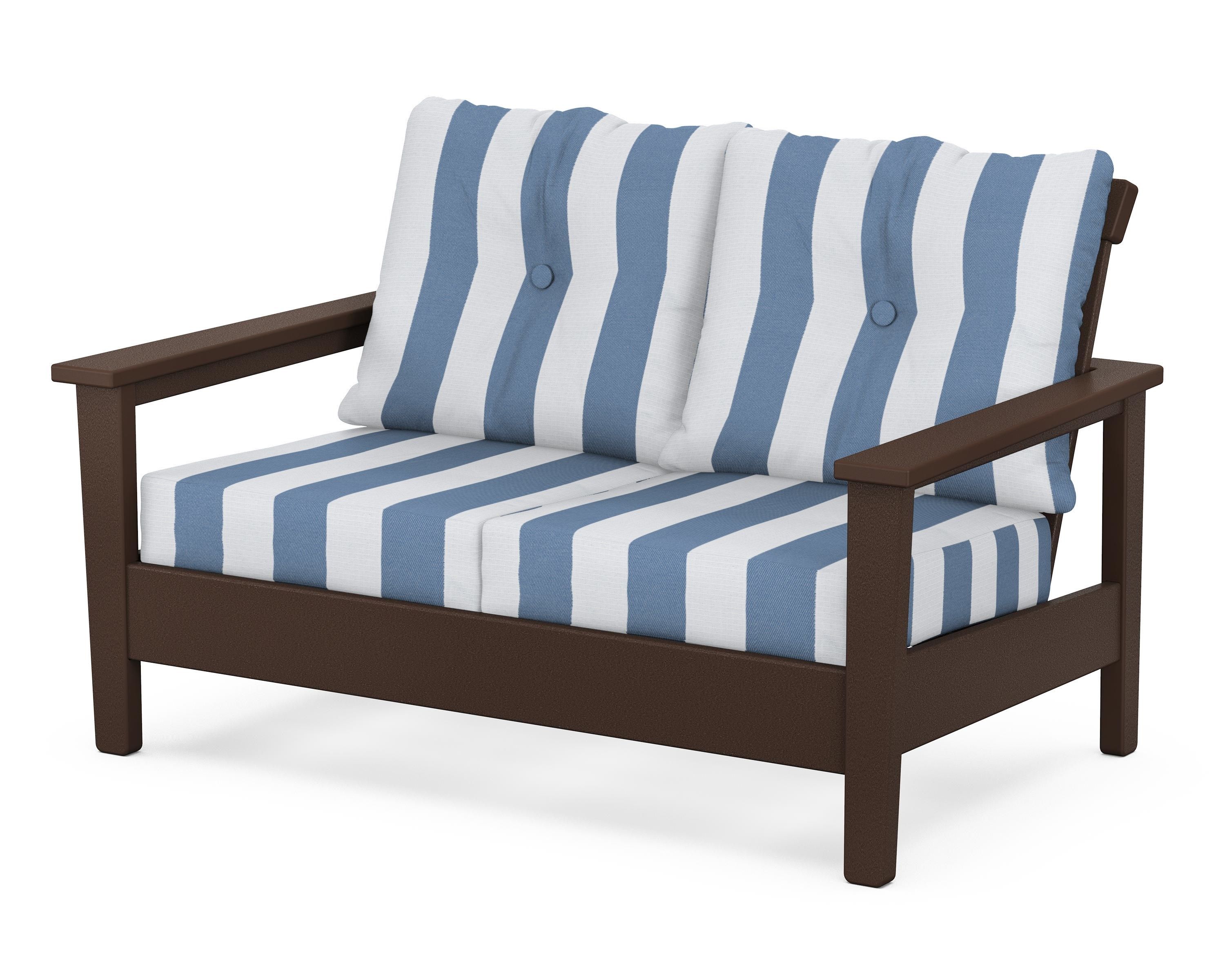 POLYWOOD® Prescott Deep Seating Loveseat in Mahogany / Cabana Stripe Sky Blue