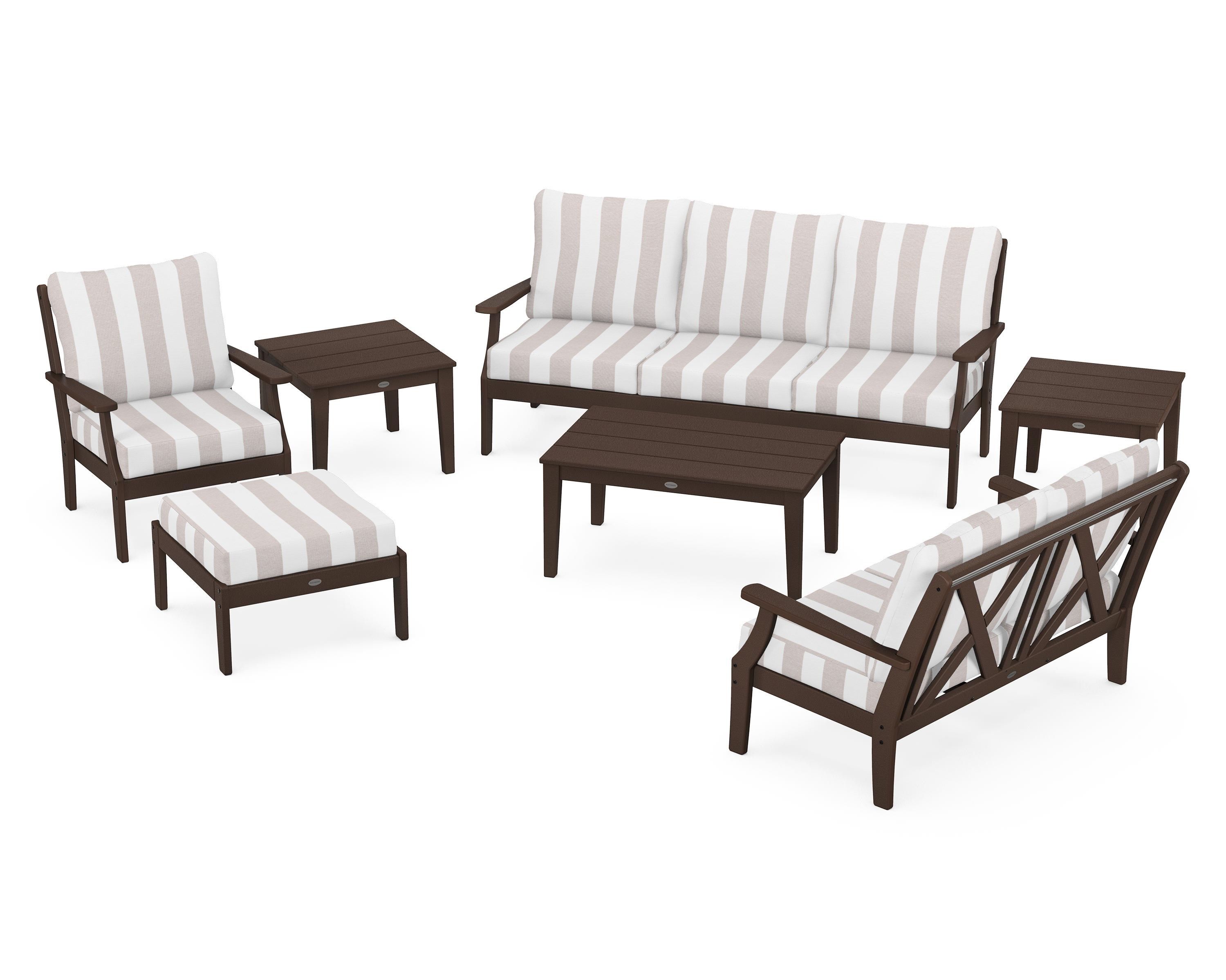 POLYWOOD® Braxton 7-Piece Deep Seating Set in Mahogany / Cabana Stripe Dune Burlap