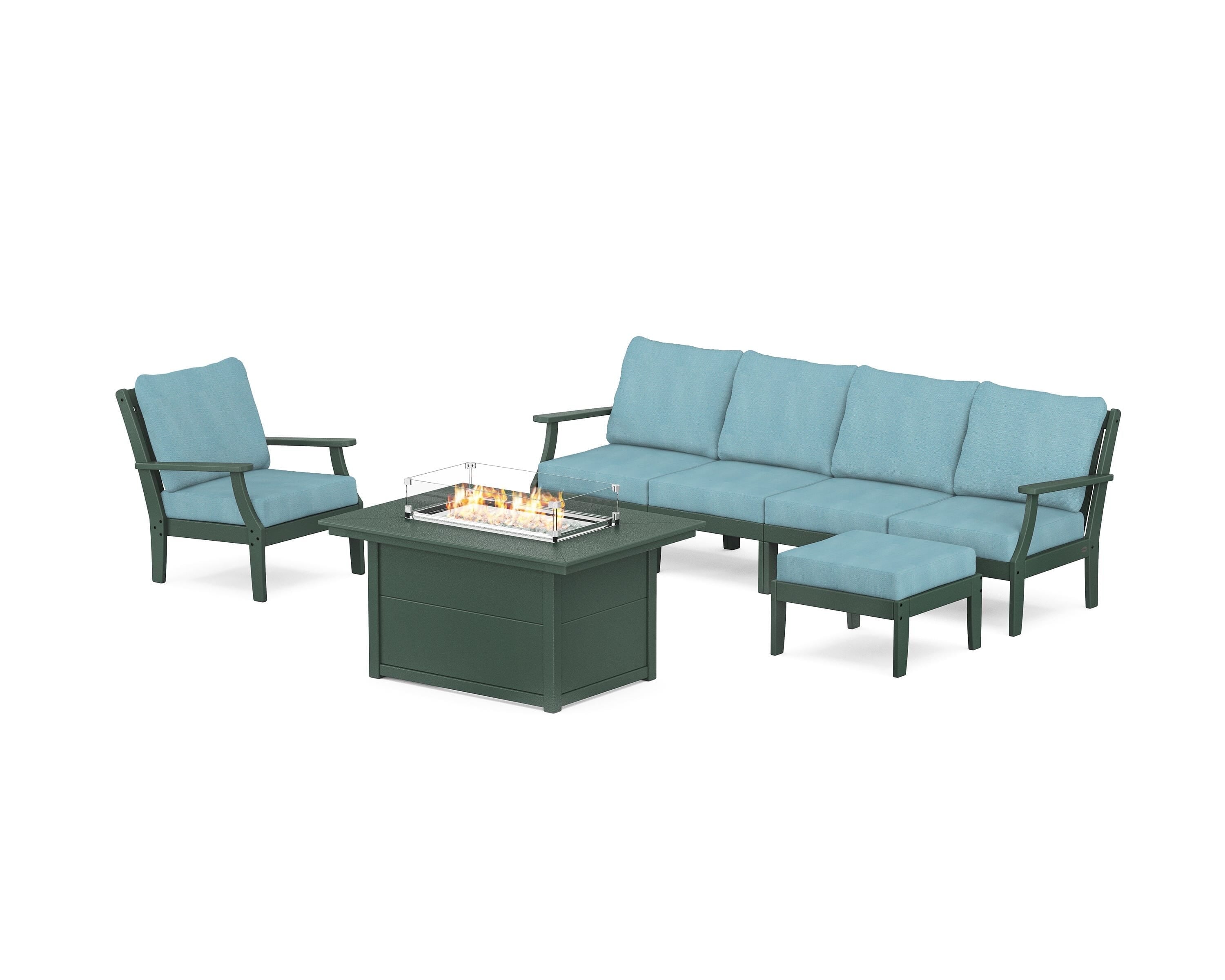 POLYWOOD® Braxton Sectional Lounge and Fire Pit Set in Green / Lattice Sky Blue