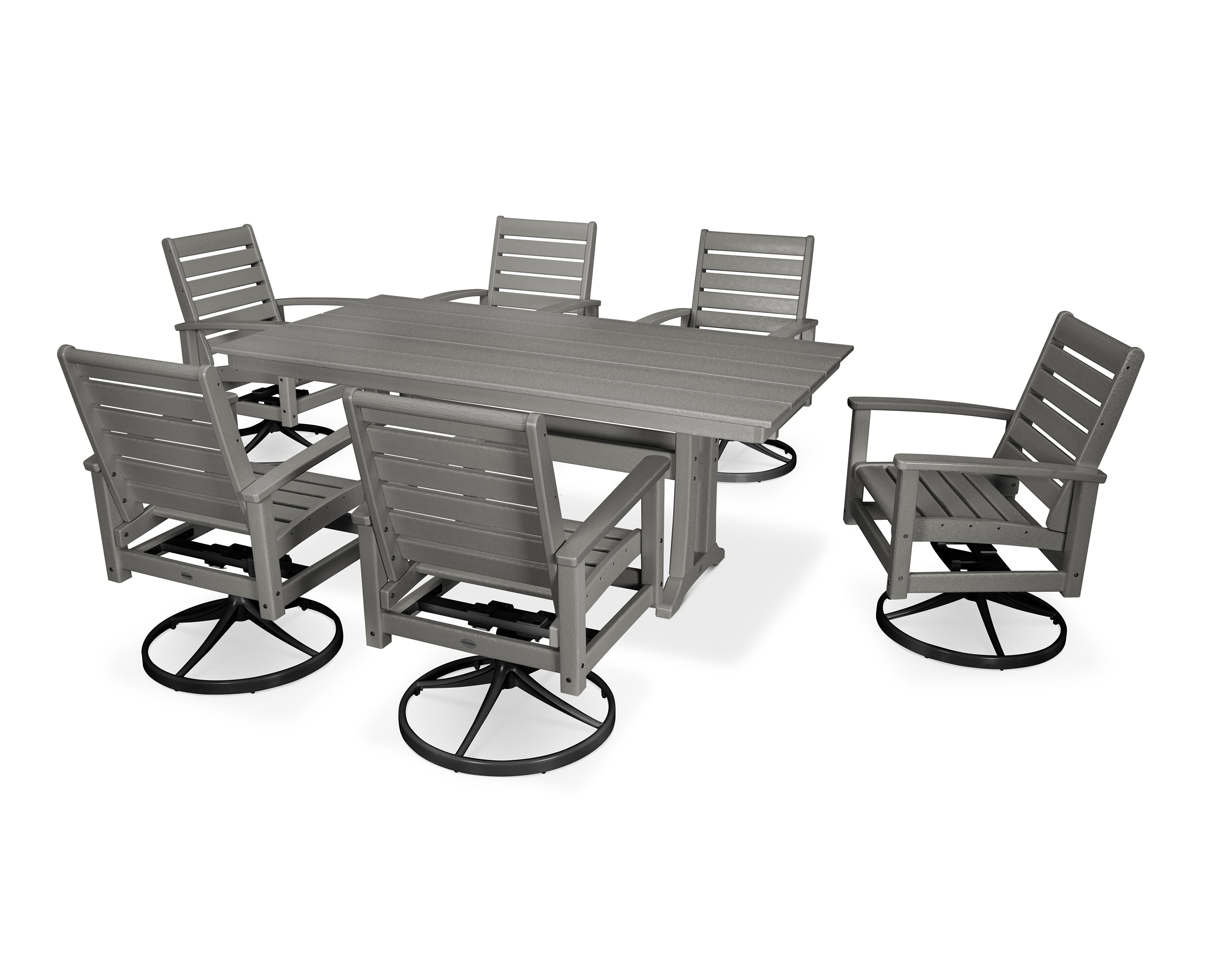 POLYWOOD® 7 Piece Signature Swivel Rocker Dining Set in Textured Black / Slate Grey