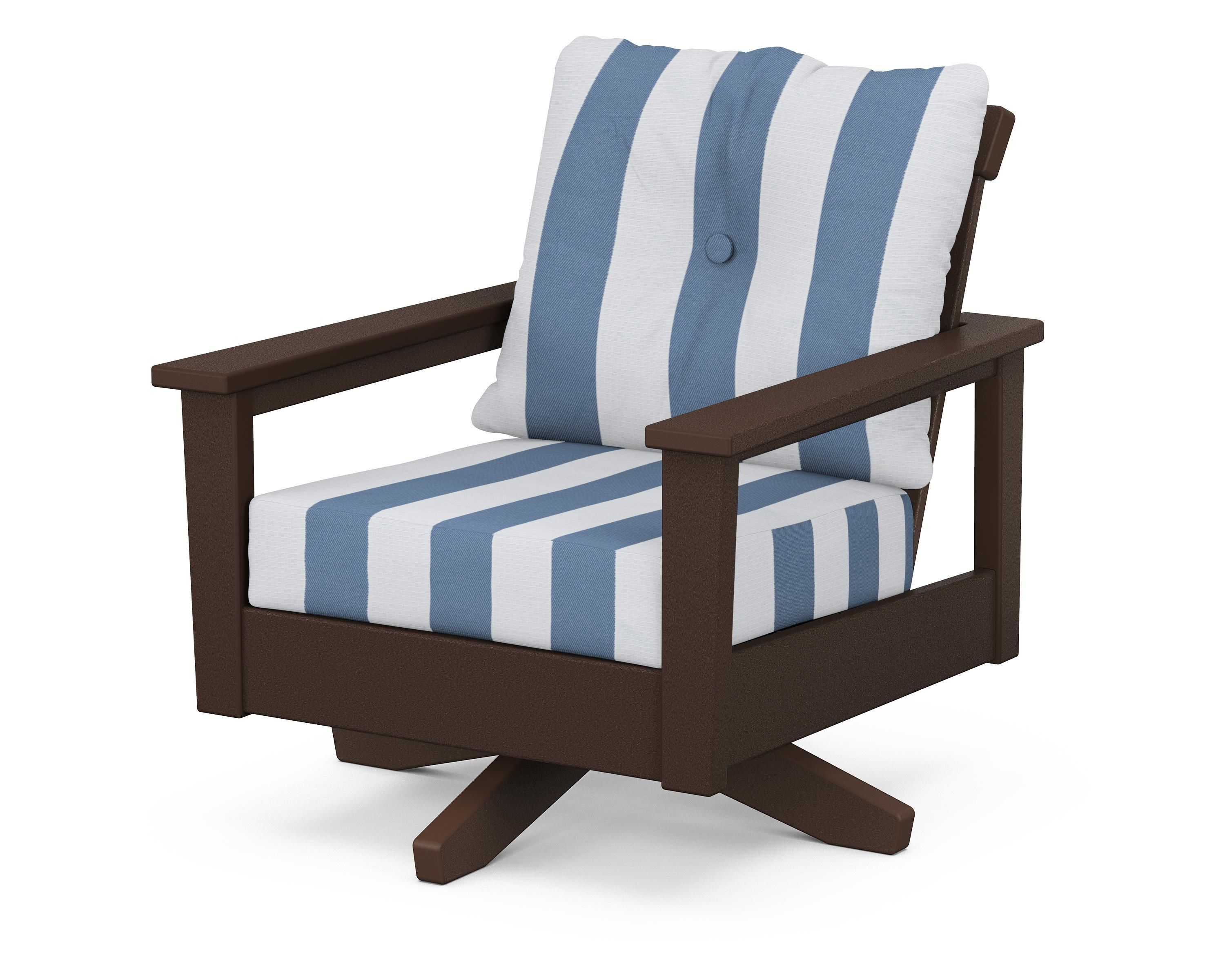 POLYWOOD® Prescott Deep Seating Swivel Chair in Mahogany / Cabana Stripe Sky Blue