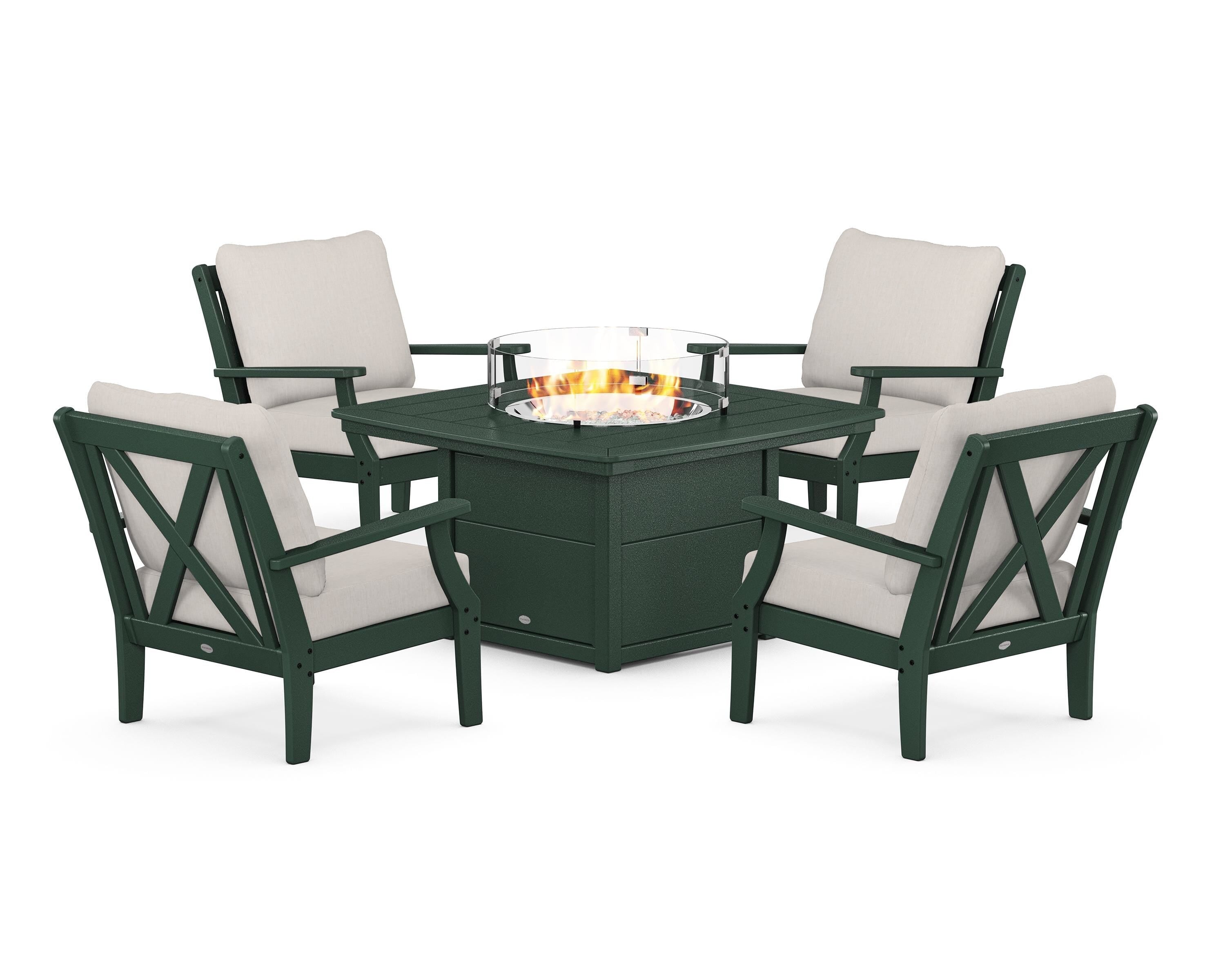 POLYWOOD® Braxton 5-Piece Deep Seating Conversation Set with Fire Pit Table in Green / Cast Ash