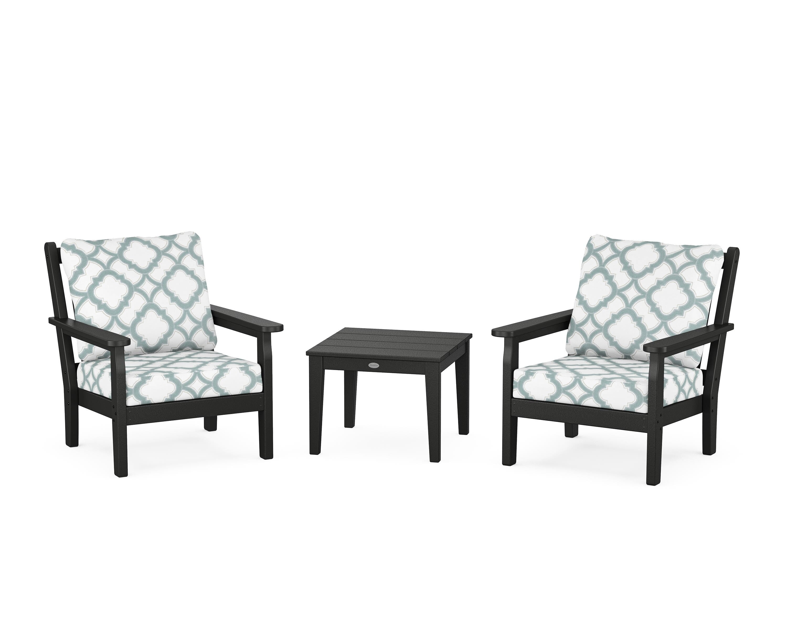 POLYWOOD® Chippendale 3-Piece Deep Seating Set in Black / Trellis Glacier Spa
