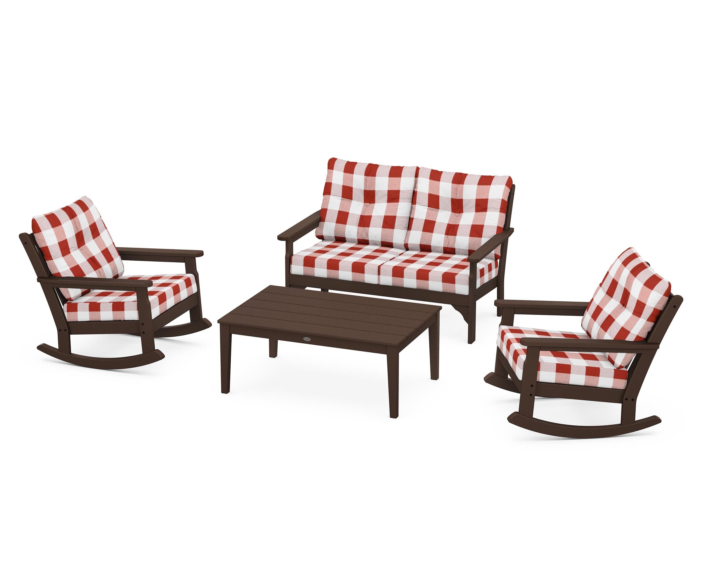 POLYWOOD® Vineyard 4-Piece Deep Seating Rocking Chair Set in Mahogany / Buffalo Plaid Crimson