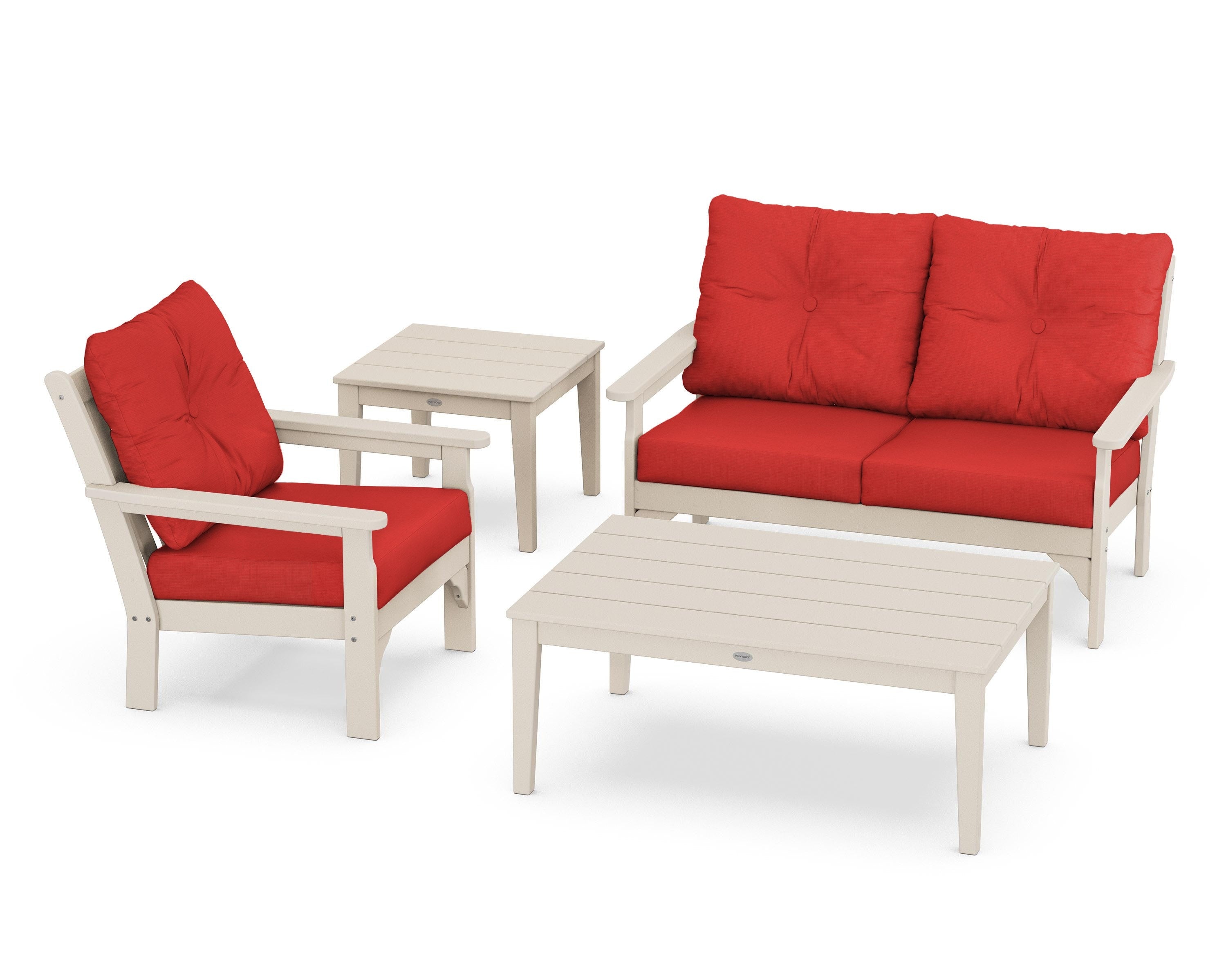 POLYWOOD® Vineyard 4-Piece Deep Seating Set in Sand / Crimson Linen