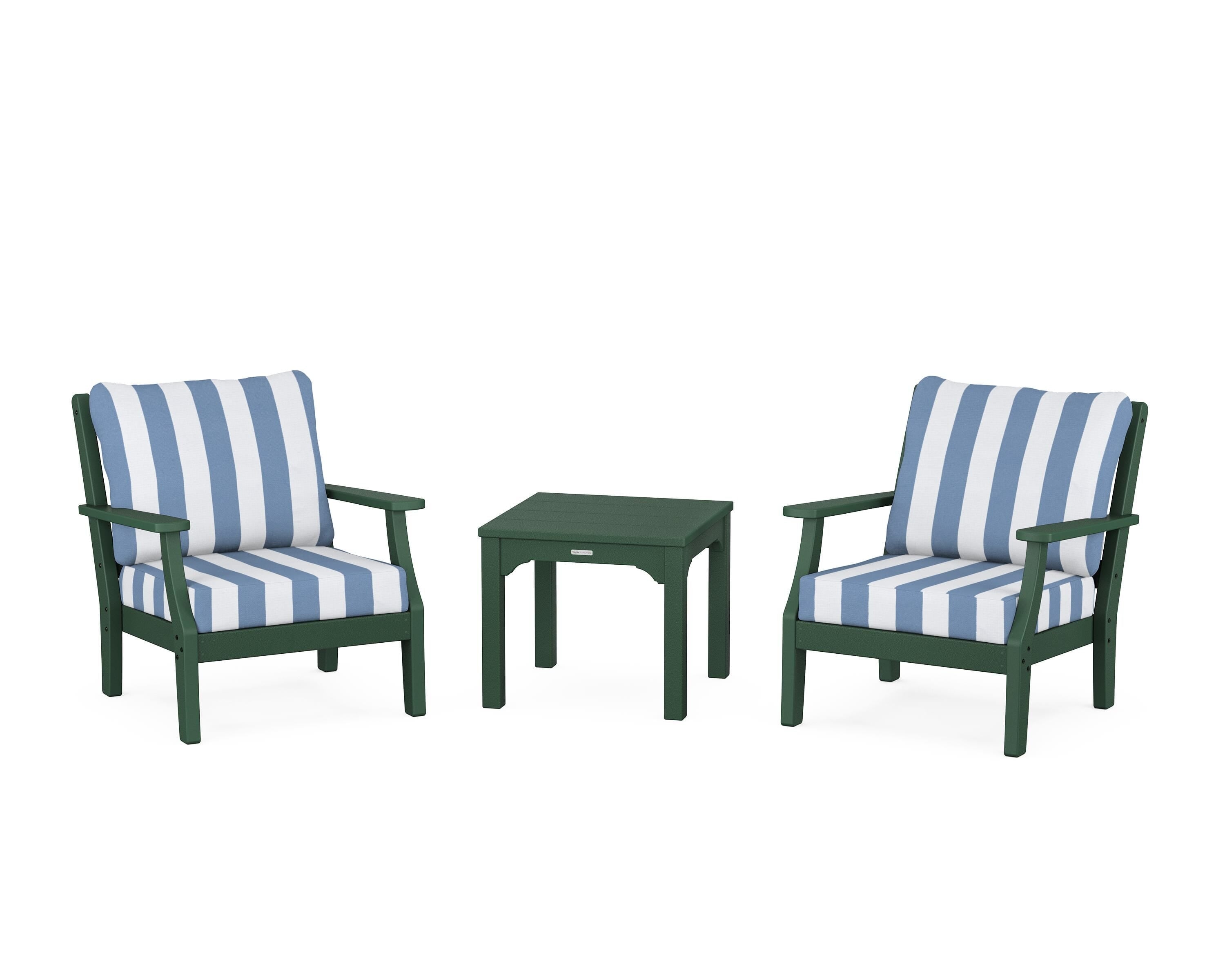 Martha Stewart by POLYWOOD® Chinoiserie 3-Piece Deep Seating Set in Green / Cabana Stripe Sky Blue