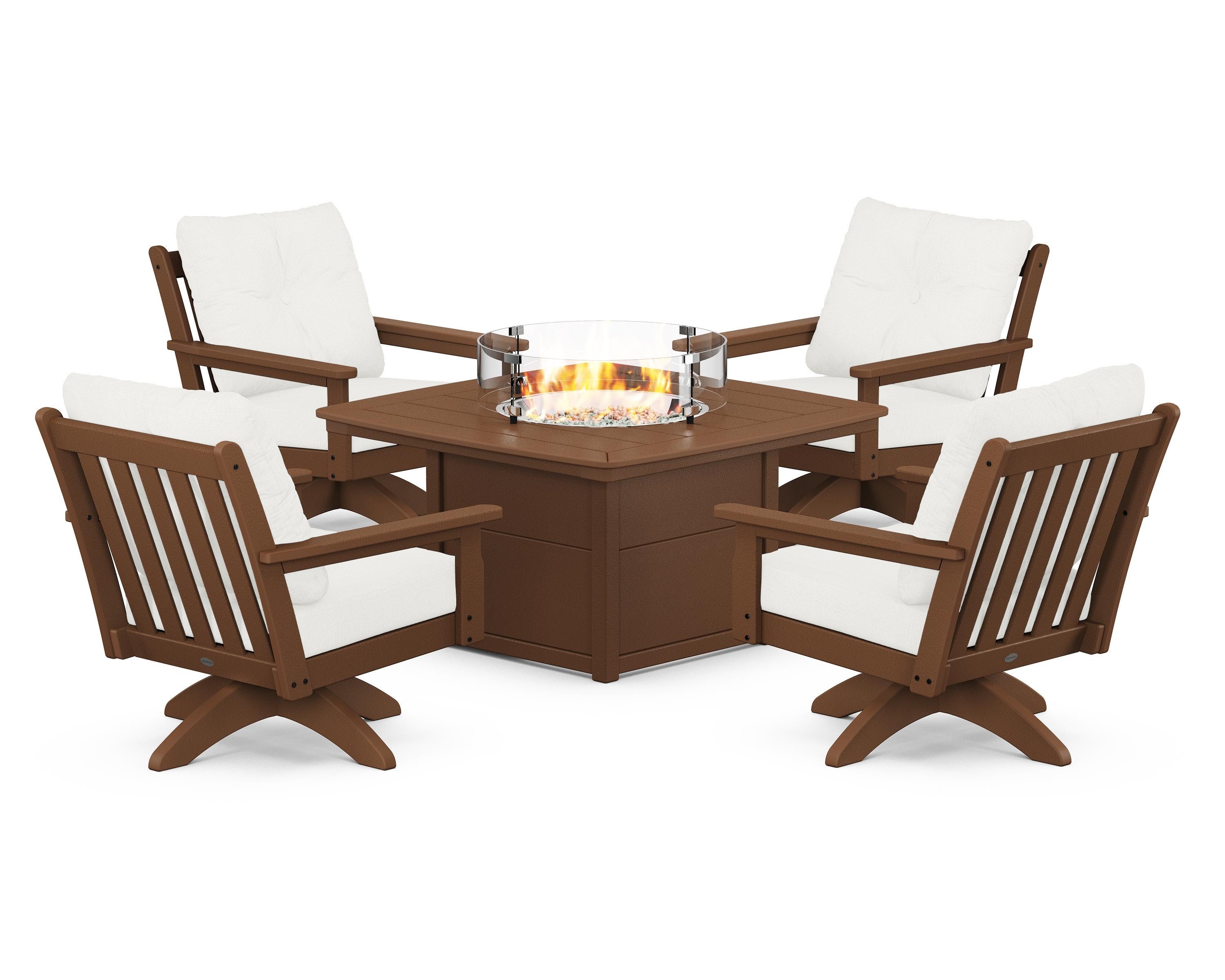 POLYWOOD® Vineyard 5-Piece Deep Seating Swivel Conversation Set with Fire Pit Table in Teak / Natural Linen