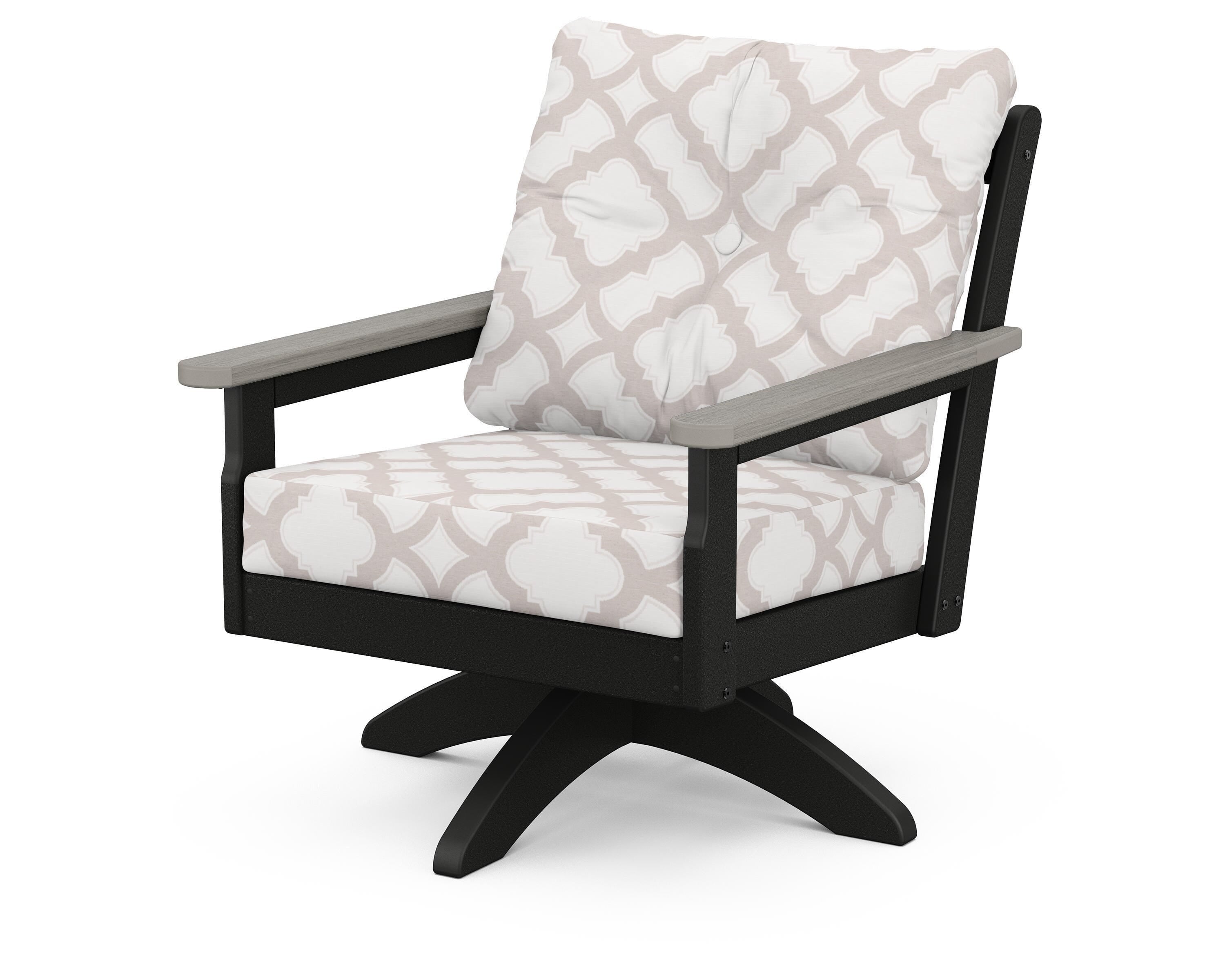 POLYWOOD® Vineyard Deep Seating Swivel Chair in Black / Driftwood / Trellis Dune Burlap