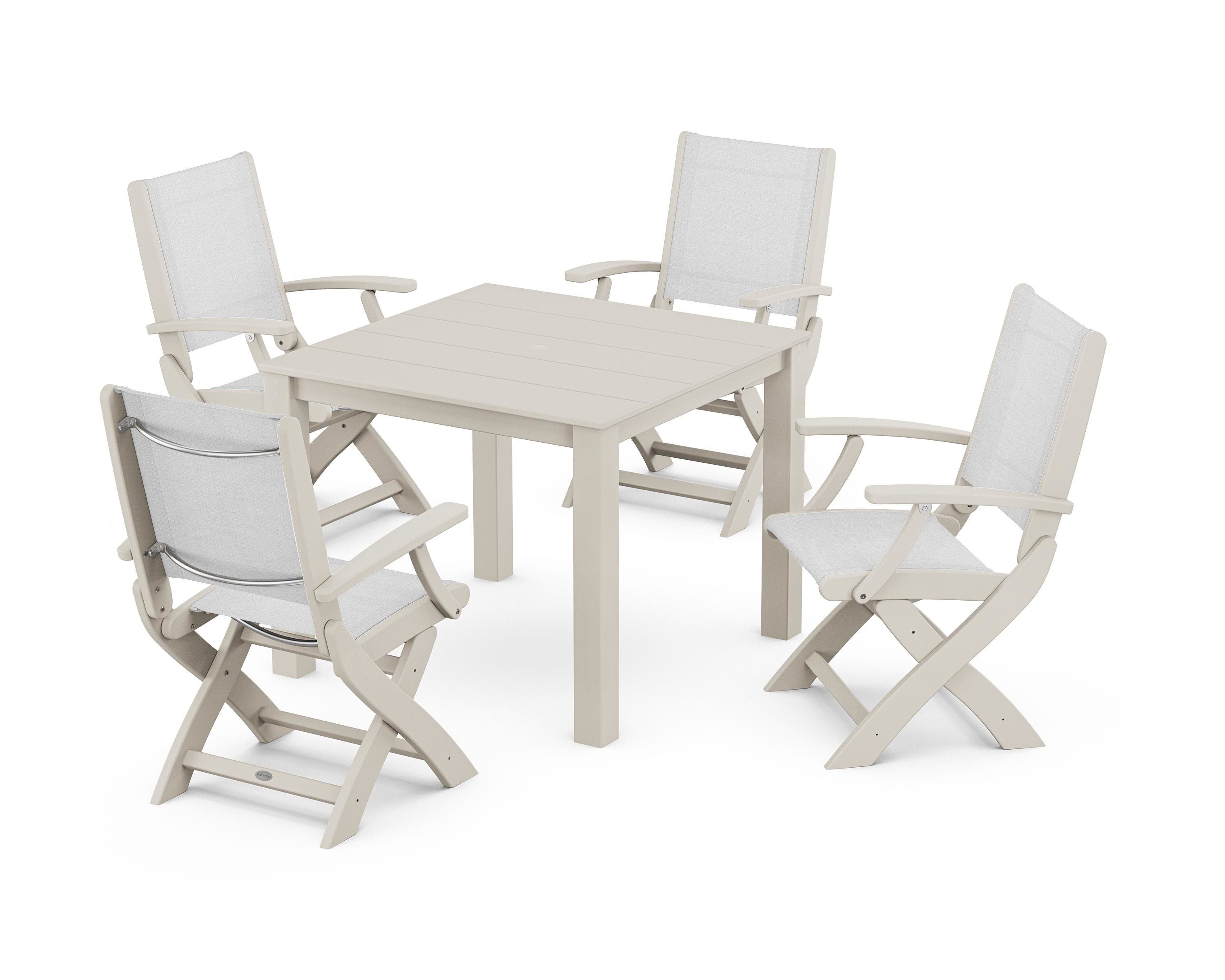 POLYWOOD® Coastal Folding Chair 5-Piece Parsons Dining Set in Sand / White Sling