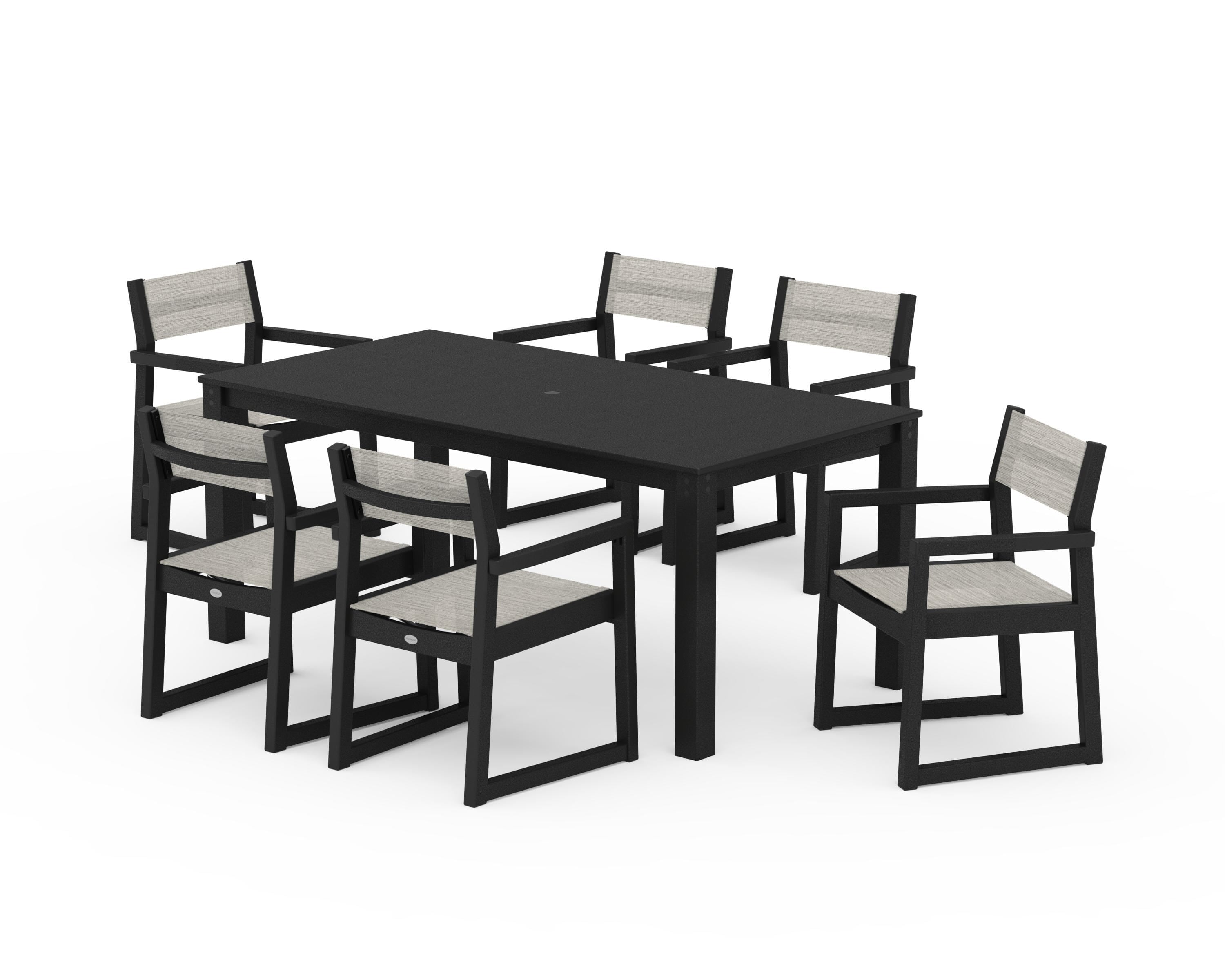 POLYWOOD® EDGE Sling Arm Chair 7-Piece Parsons Dining Set in Black / Birch Sling