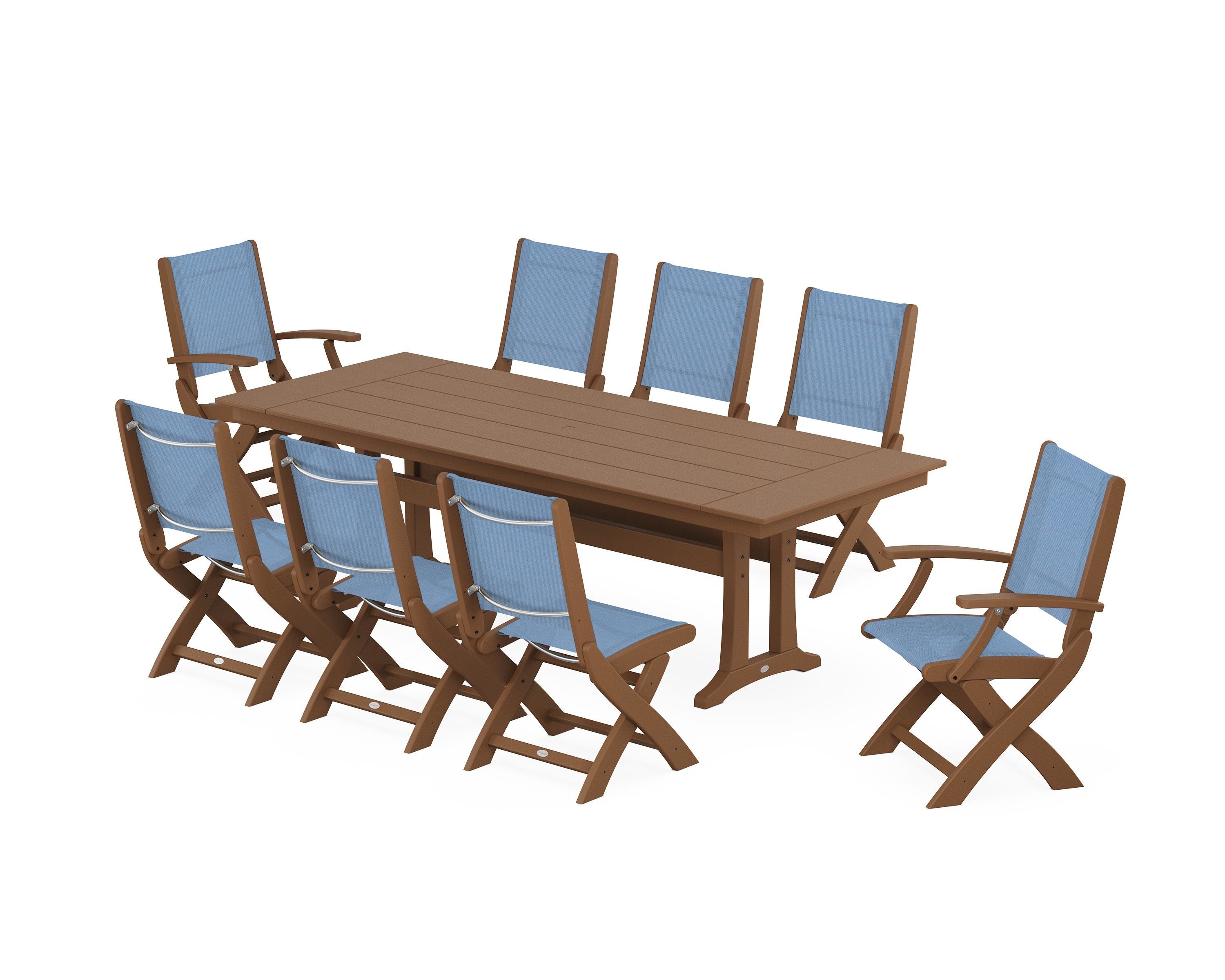 POLYWOOD® Coastal 9-Piece Folding Dining Chair Farmhouse Dining Set with Trestle Legs in Teak / Poolside Sling