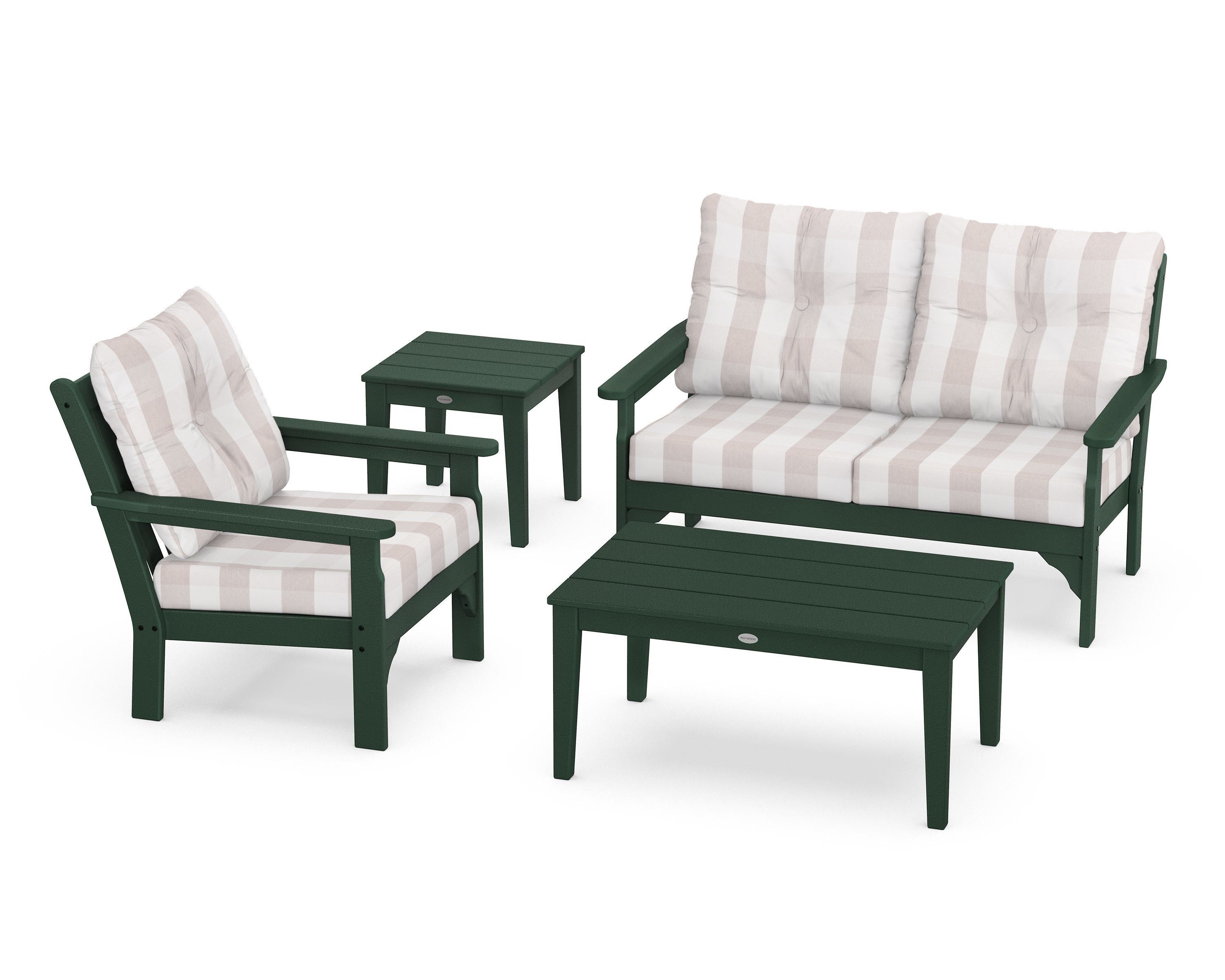 POLYWOOD® Vineyard 4-Piece Deep Seating Set in Green / Buffalo Plaid Dune Burlap