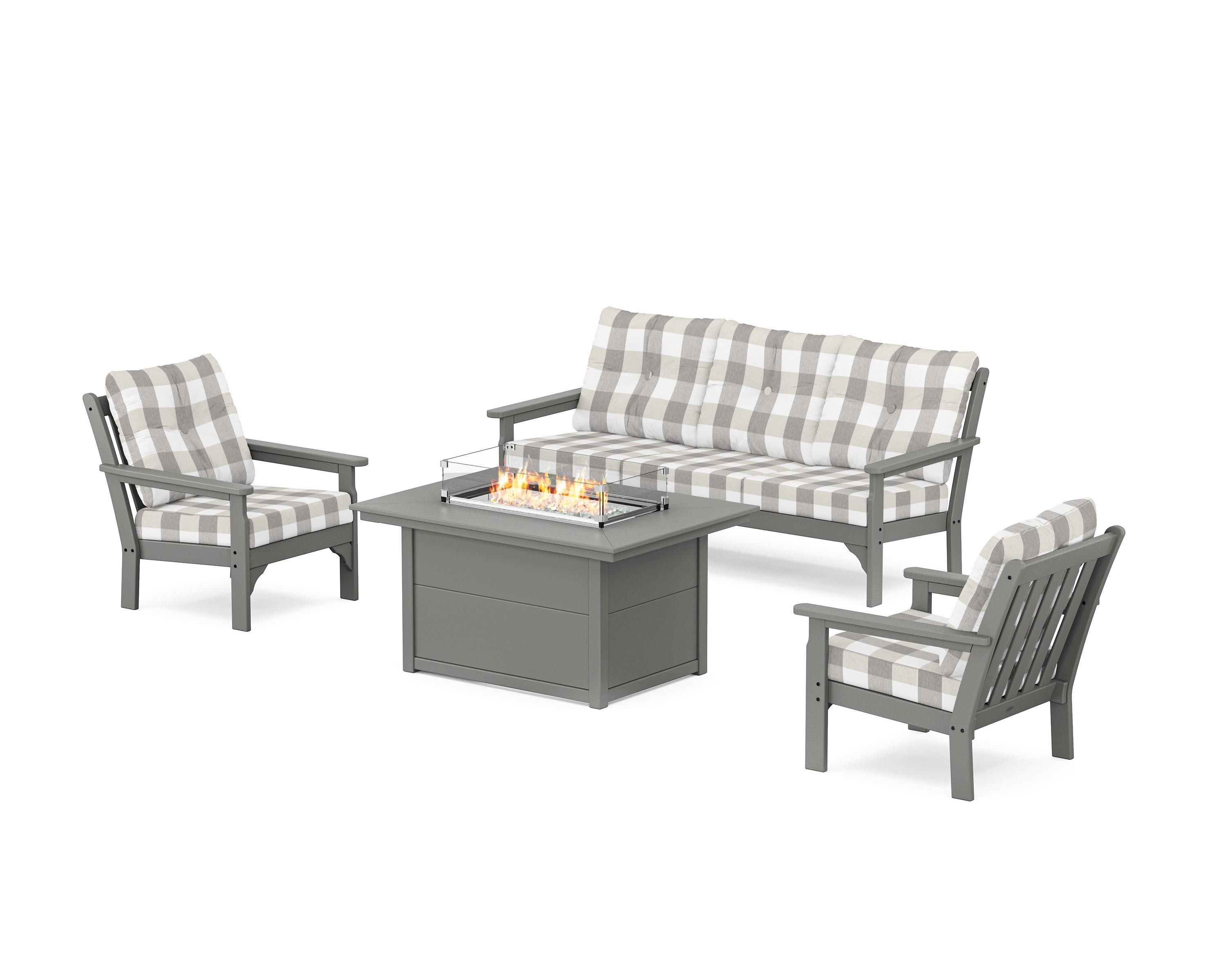 POLYWOOD® Vineyard Deep Seating Fire Pit Table Set in Slate Grey / Buffalo Plaid Grey Mist