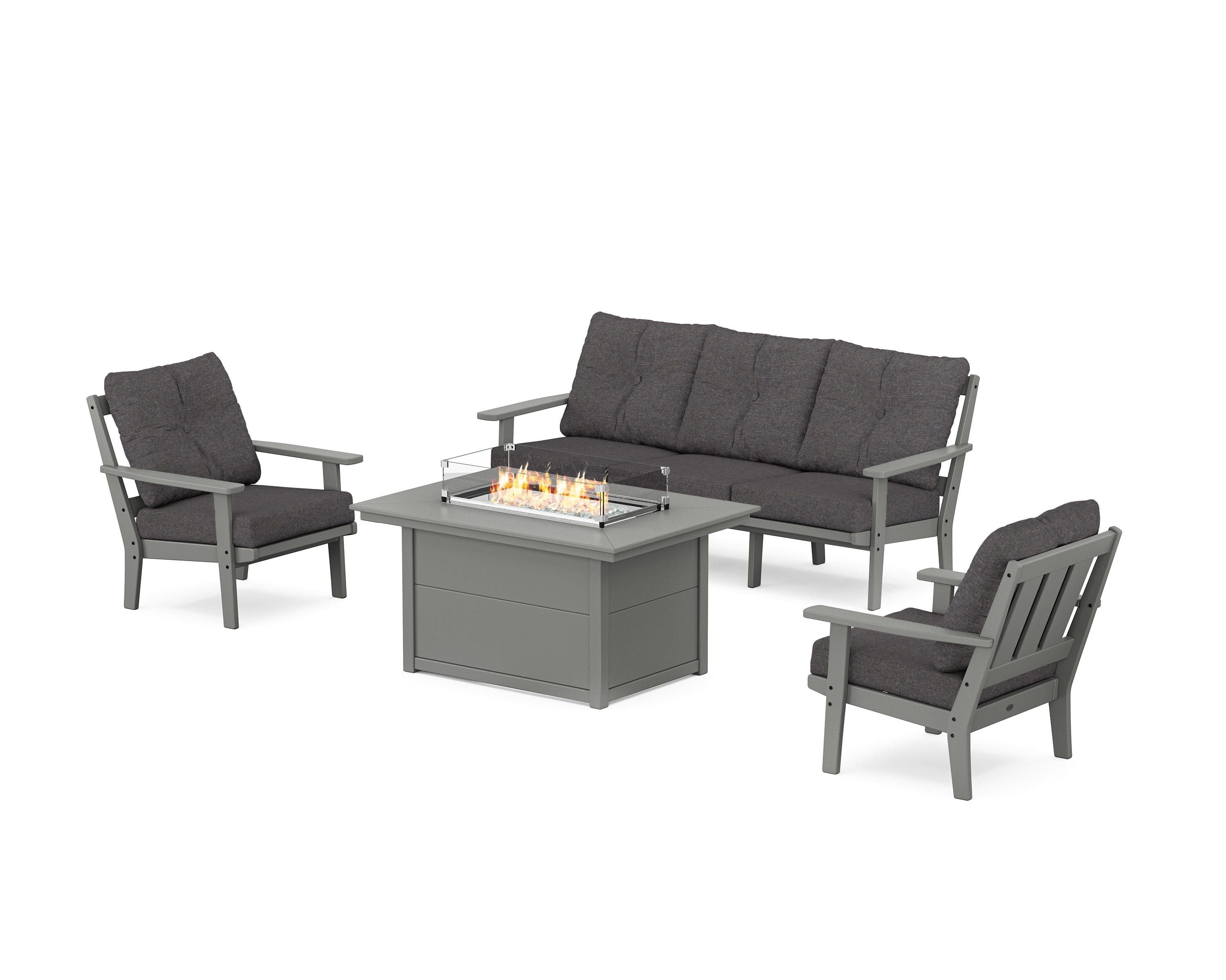 POLYWOOD® Oxford Deep Seating Fire Pit Table Set in Slate Grey / Ash Charcoal