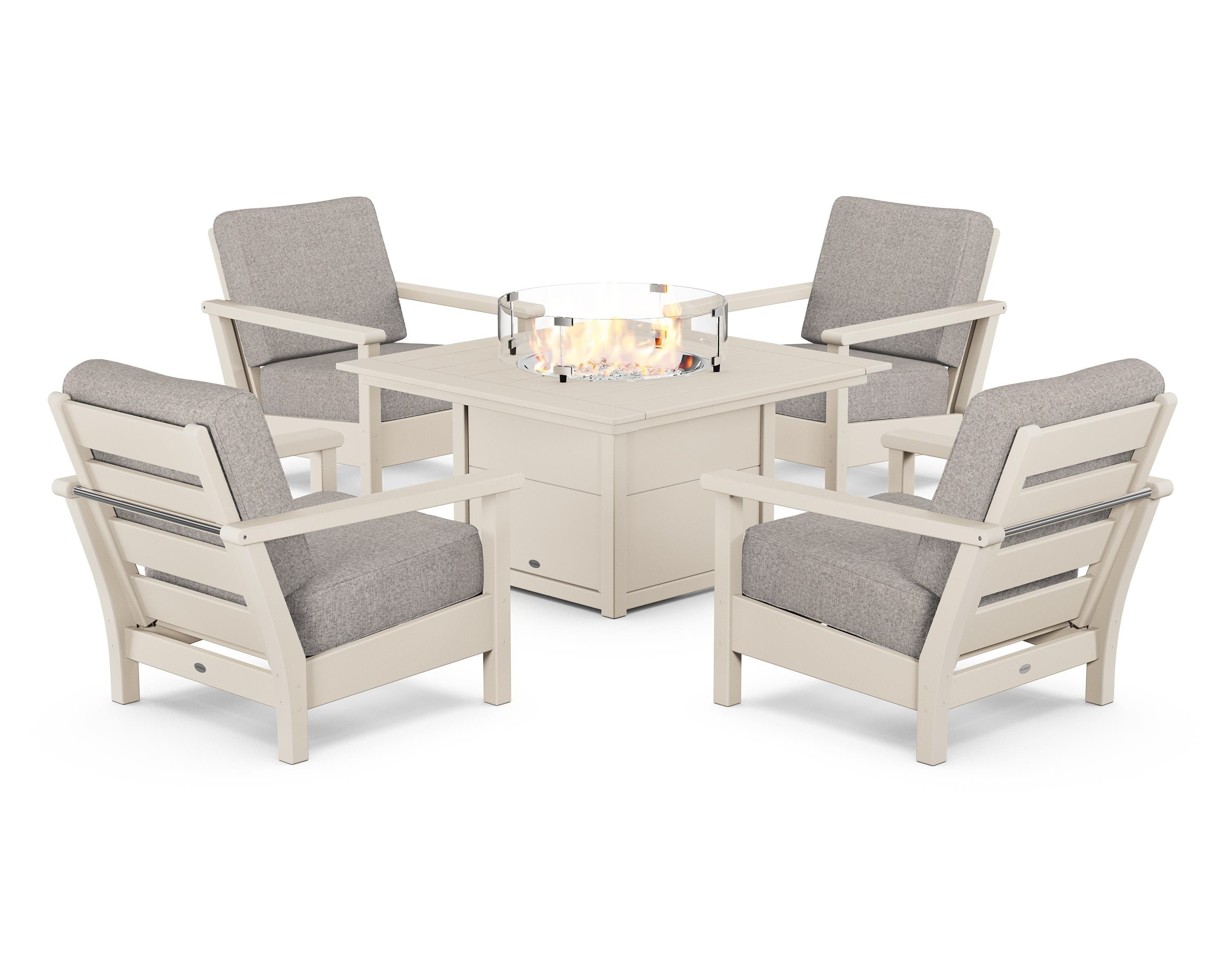 POLYWOOD® Harbour 5-Piece Conversation Set with Fire Pit Table in Sand / Weathered Tweed