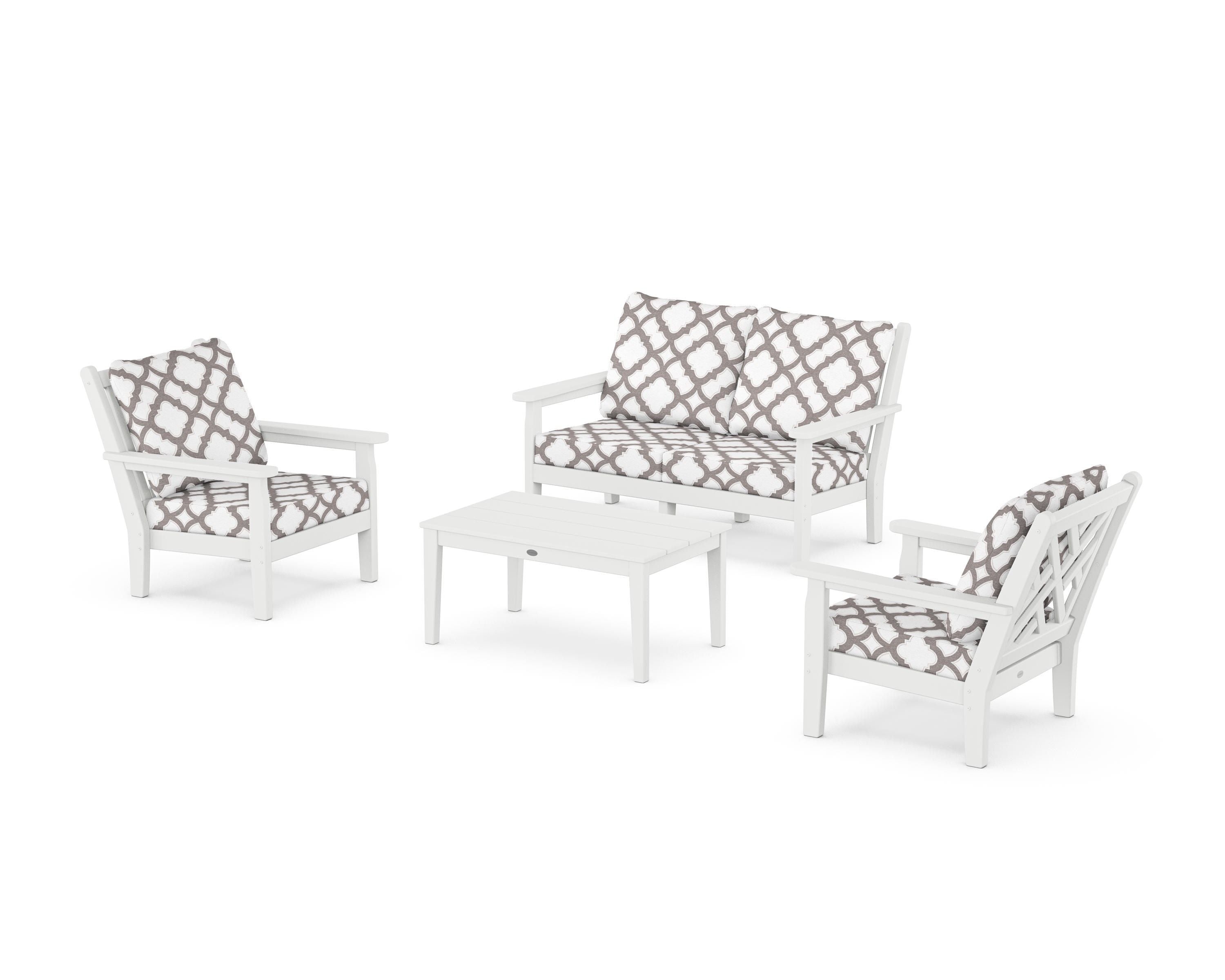 POLYWOOD® Chippendale 4-Piece Deep Seating Set with Loveseat in White / Trellis Grey Mist