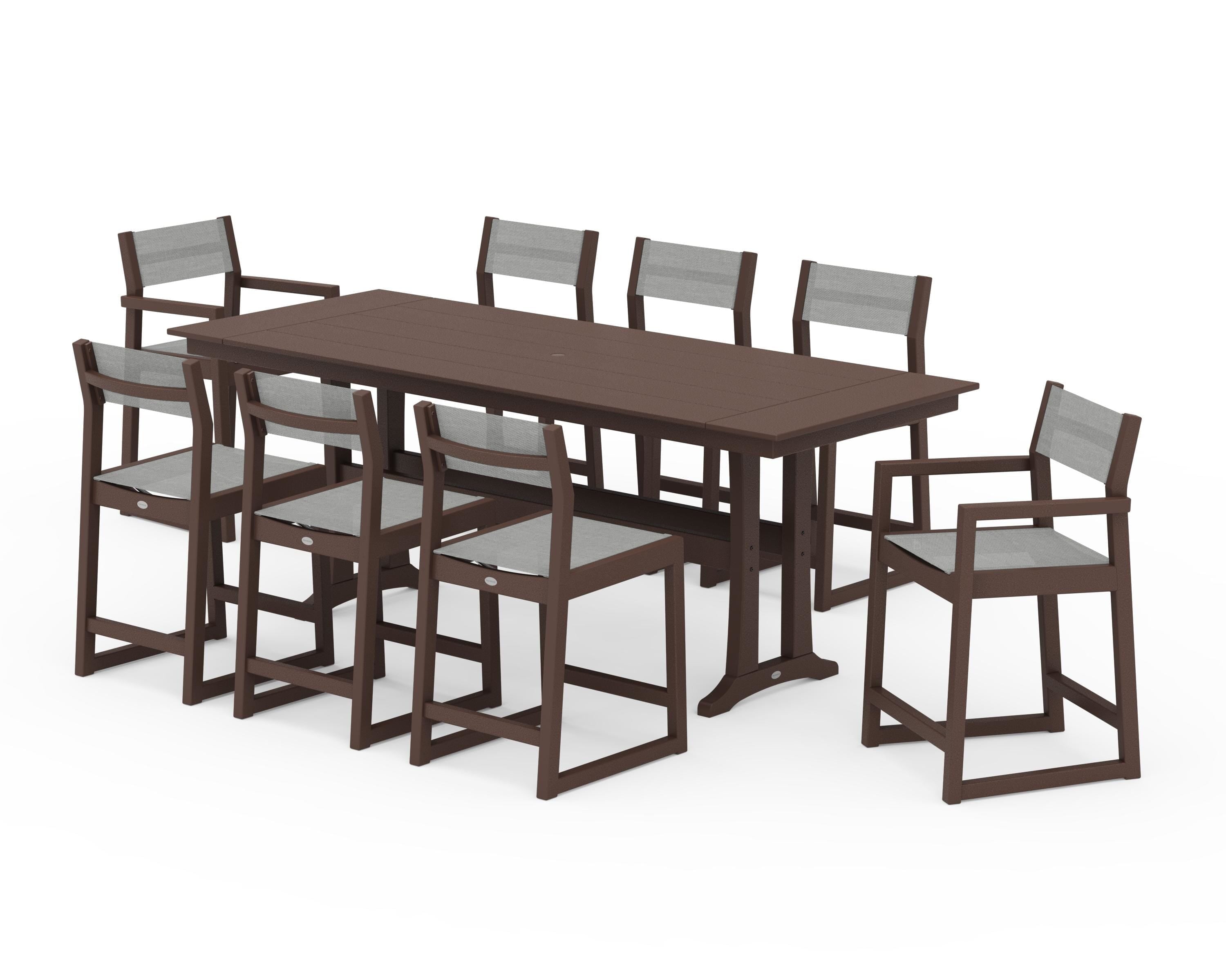 POLYWOOD® EDGE Sling 9-Piece Farmhouse Counter Set with Trestle Legs in Mahogany / Metallic Sling